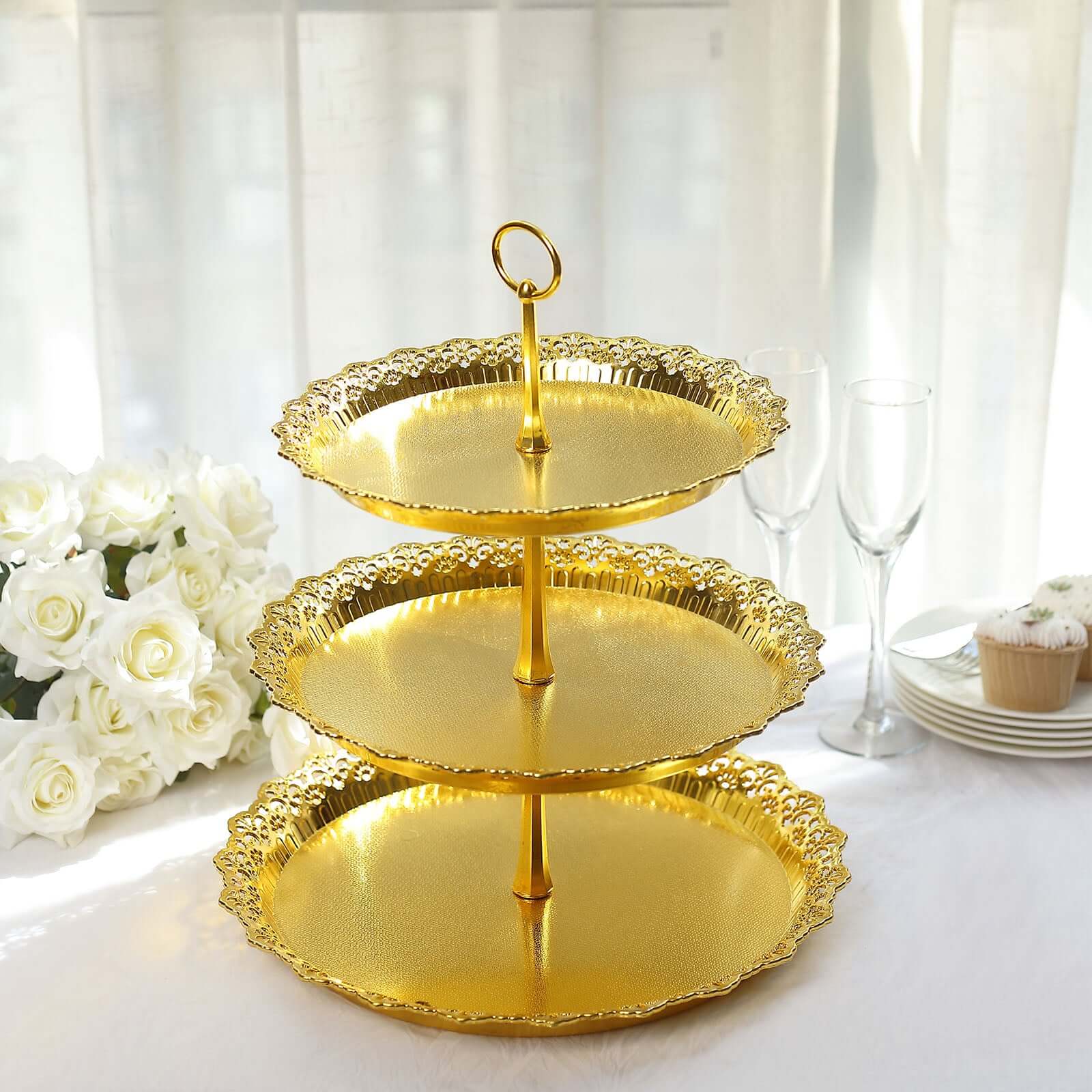 3-Tier Plastic Round Cupcake Stand 15" Metallic Gold with Lace Scalloped Edges - Multifunctional Space Saving Dessert Display Tower Pastry Serving Tray for Classy Events