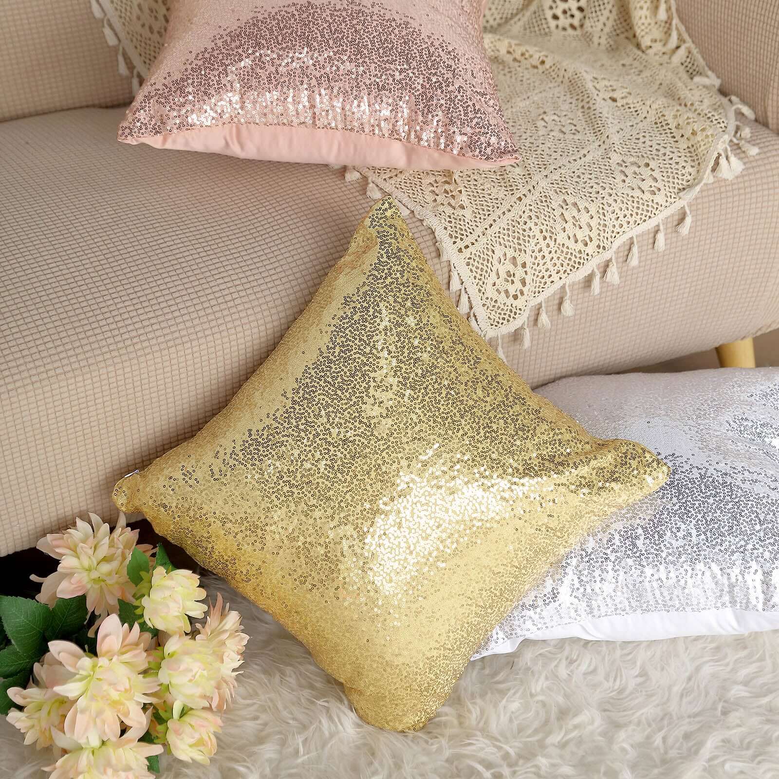 2 Pack 18"x18" Sequin Throw Pillow Cover, Decorative Cushion Case - Square Champagne Sequin