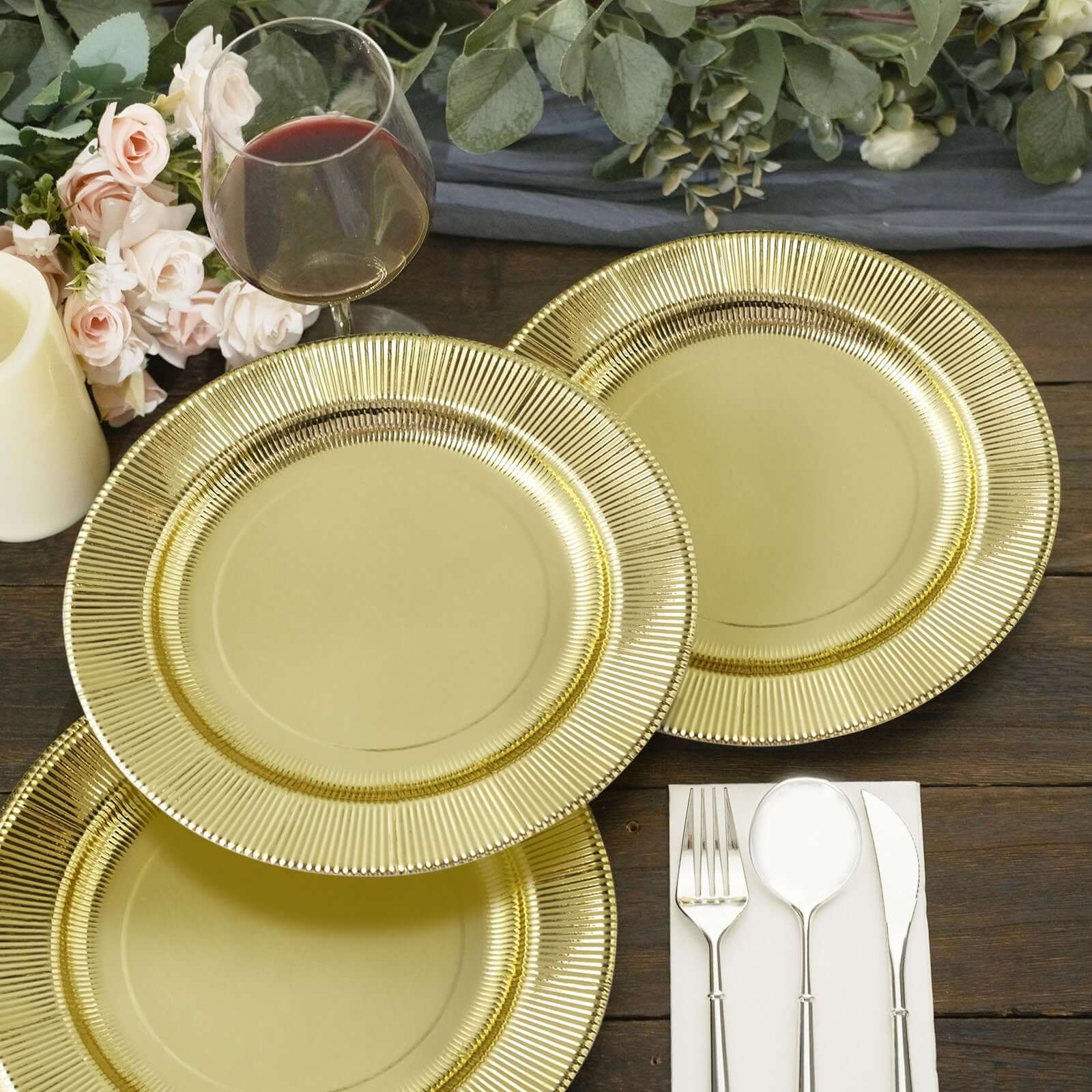 25-Pack Paper 8" Round Dessert Plates in Metallic Gold Sunray Design - Disposable Heavy Duty 350GSM Appetizer Salad Plates