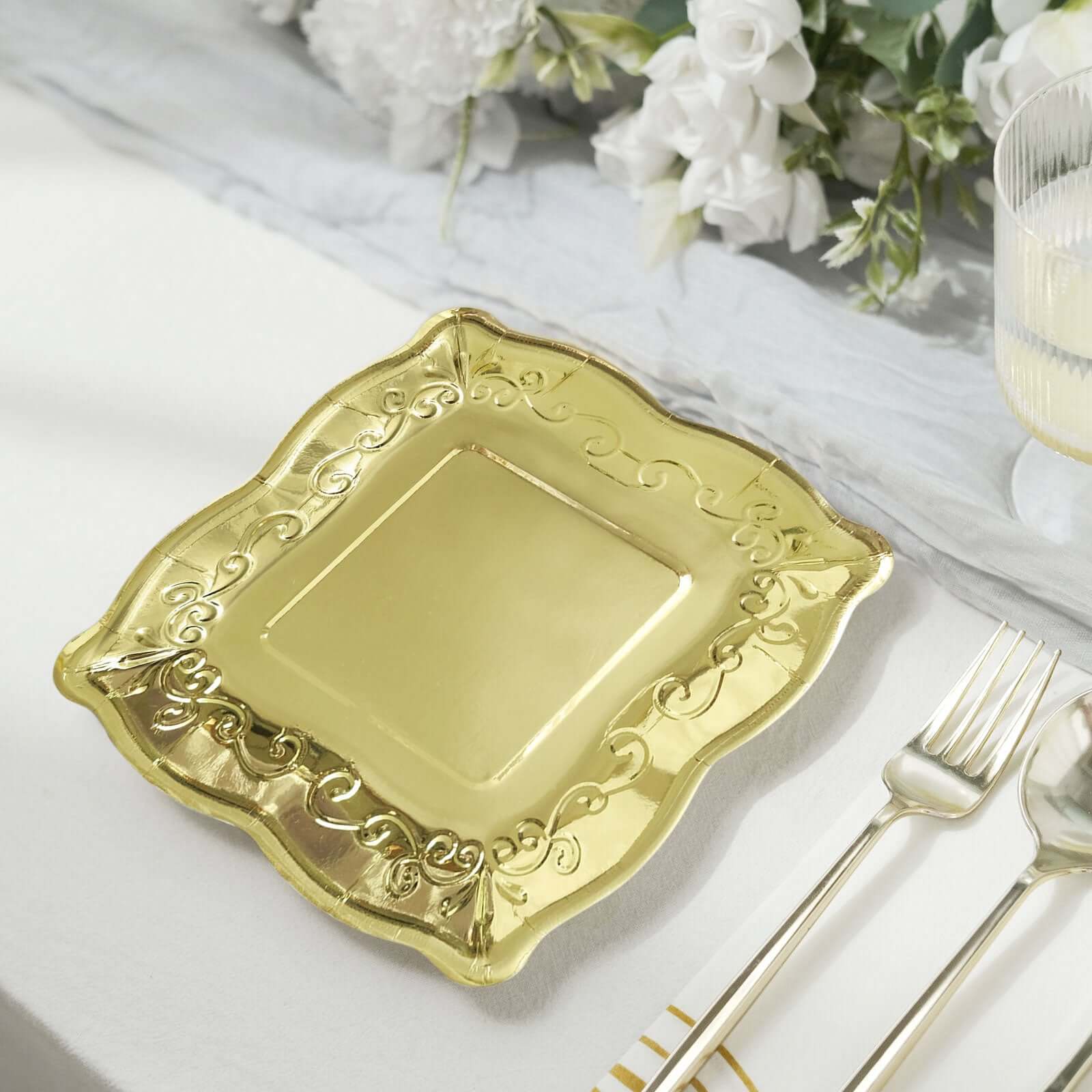 25-Pack Paper 7" Square Dessert Plates in Gold with Vintage Pottery Embossed Design - Shiny Metallic Disposable Appetizer Plates for Luxe Gatherings & Celebrations
