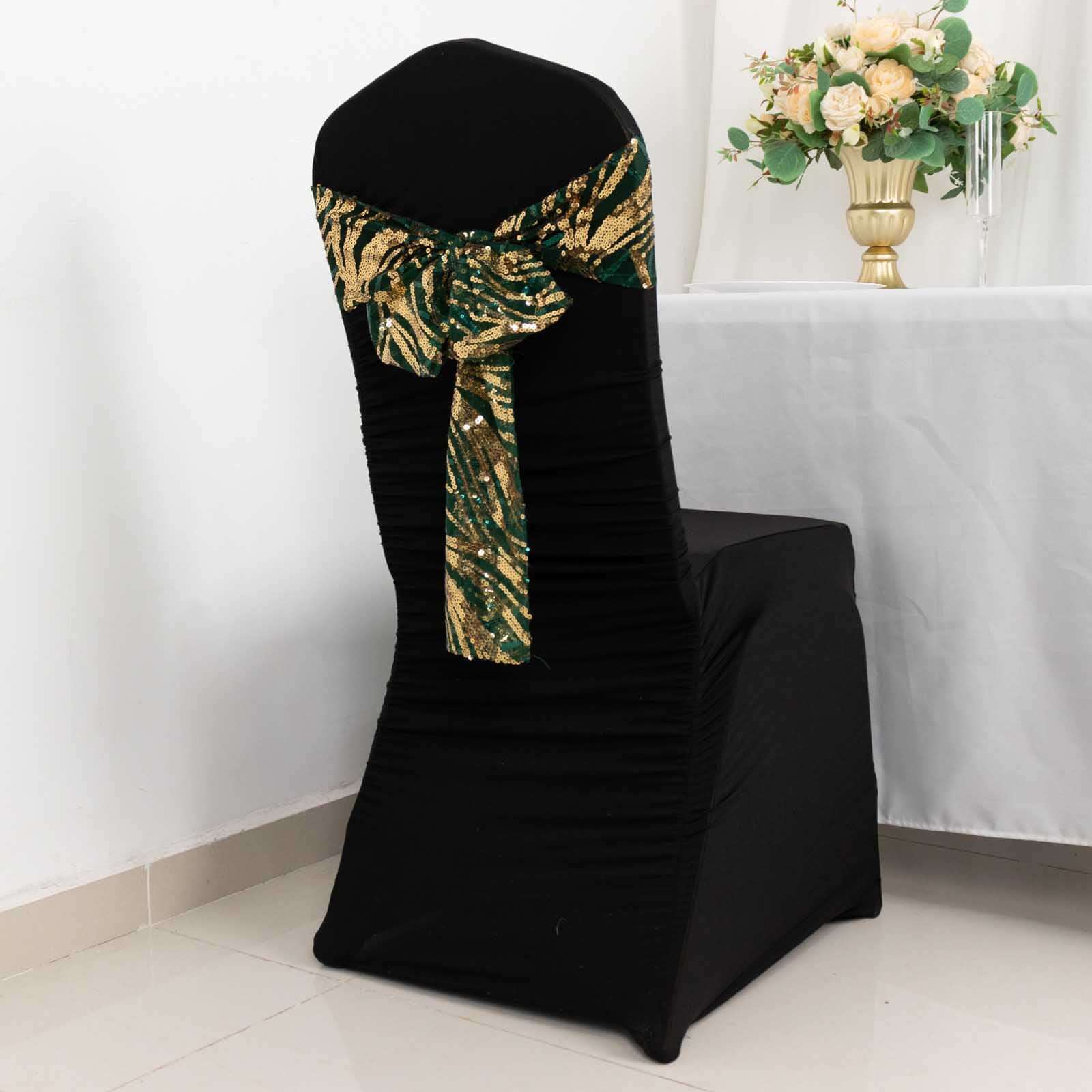 5 Pack Chair Sashes with Wave Embroidered Sequins Hunter Emerald Green/Gold 6"x88"