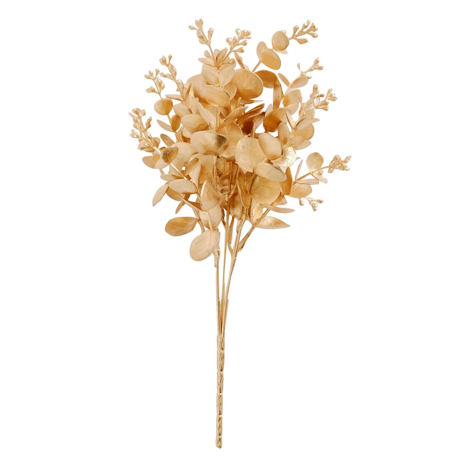 4-Pack Artificial Eucalyptus Leaves Decor Metallic Gold - Vibrant Faux Plant Spray Bush for Bridal Bouquets Floral Arrangements & Event Styling 12"