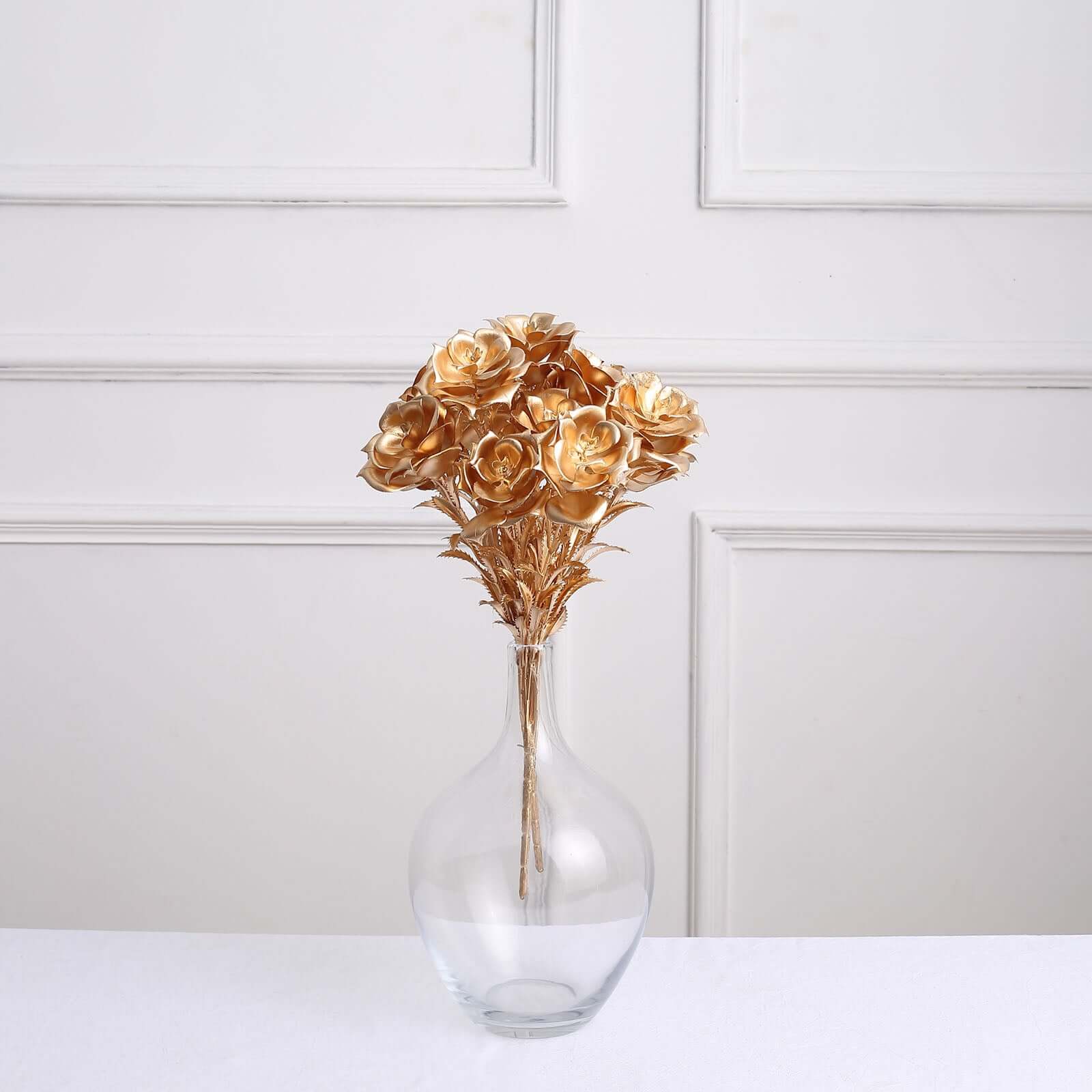 2-Pack Artificial Rose Bloomed Flower Bouquet Metallic Gold - Lustrous Faux Floral Arrangement for Seasonal Displays & Luxurious Decor Themes 17"
