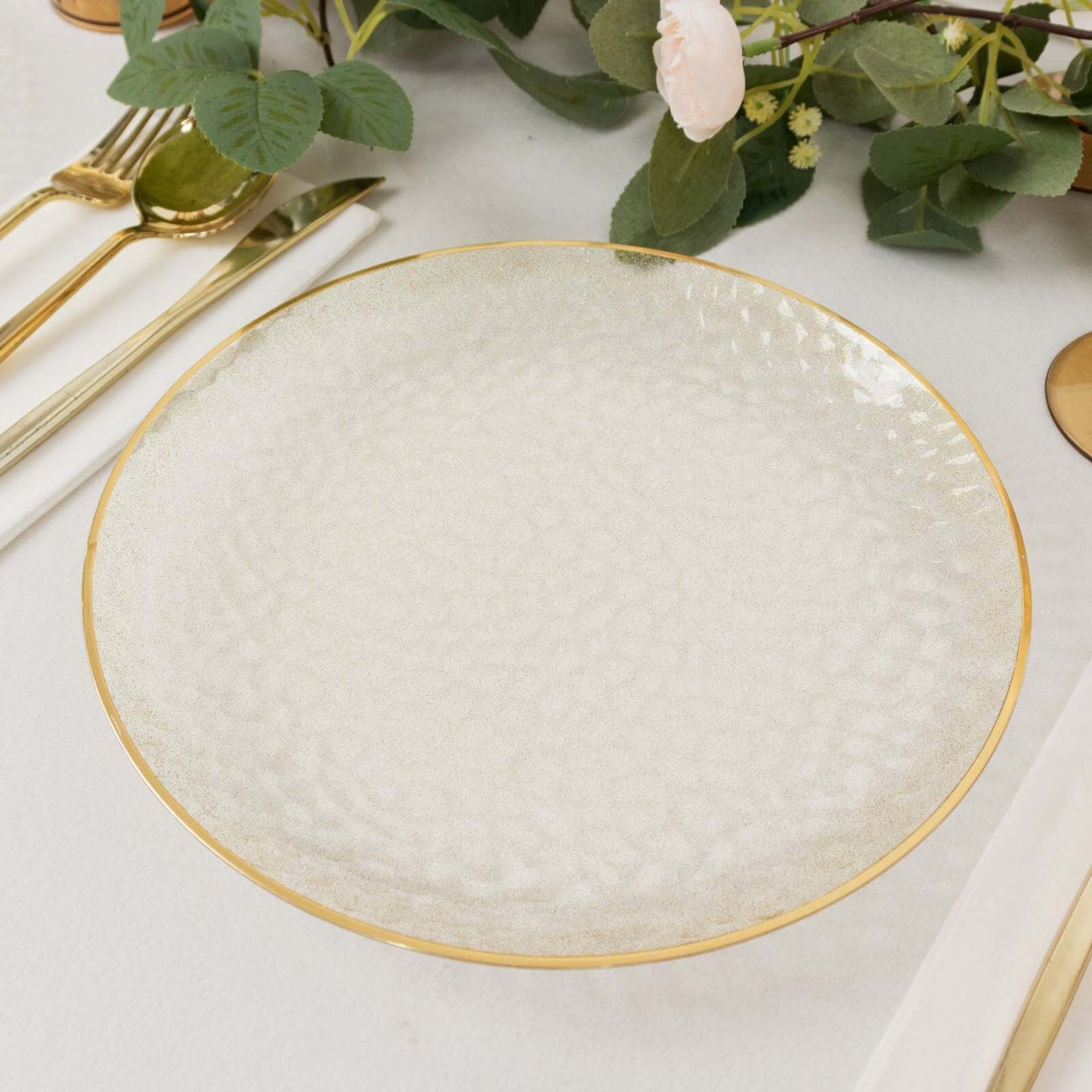 10-Pack Plastic 9" Round Dinner Plates in Clear Gold Glittered Hammered Design with Gold Rim - Modern Disposable Party Plates