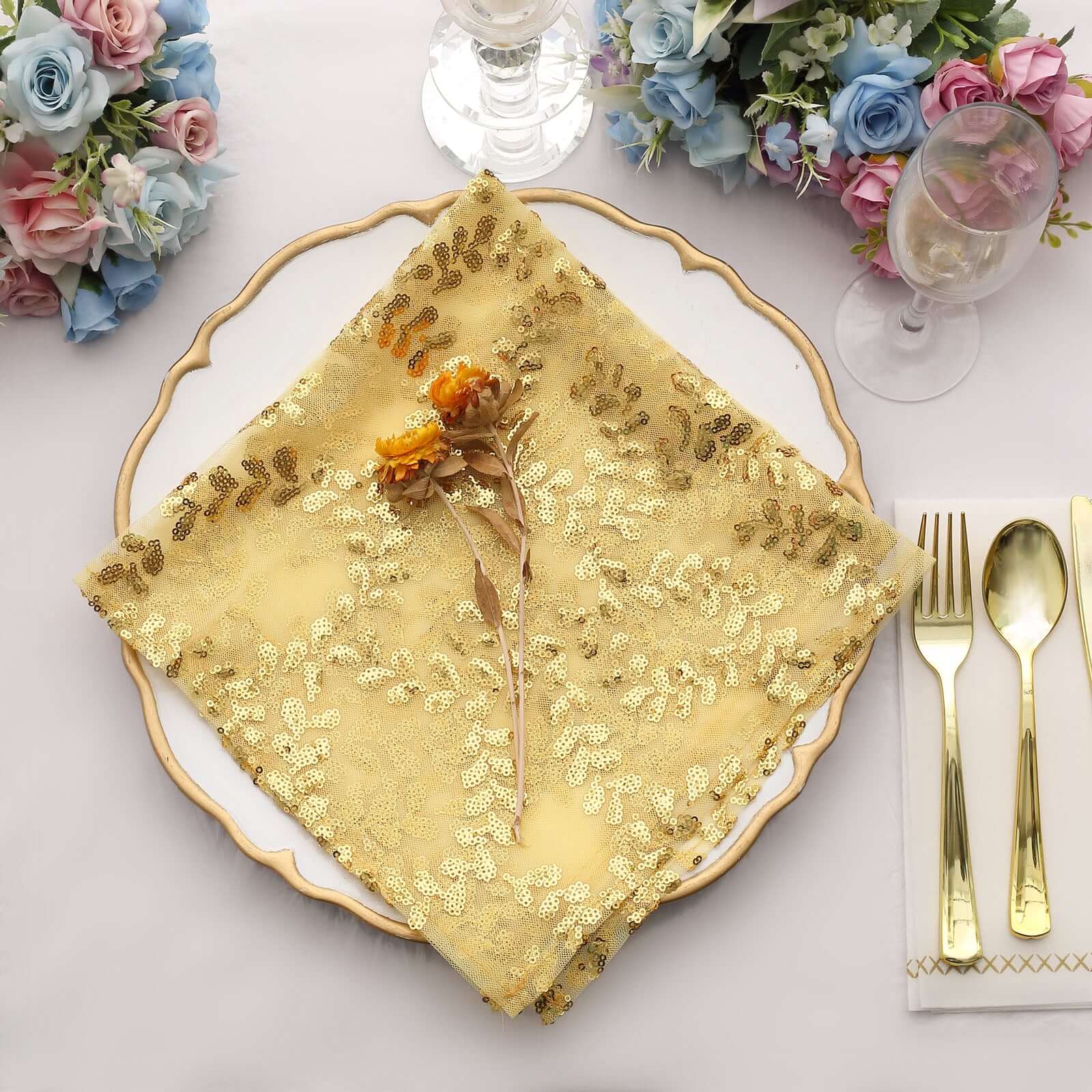 Sequin Tulle 20"x20" Napkin Gold Embroidered Leaf Vine Pattern - Shimmering Event Decor