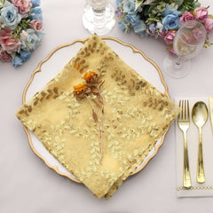 Sequin Tulle 20"x20" Napkin Gold Embroidered Leaf Vine Pattern - Shimmering Event Decor