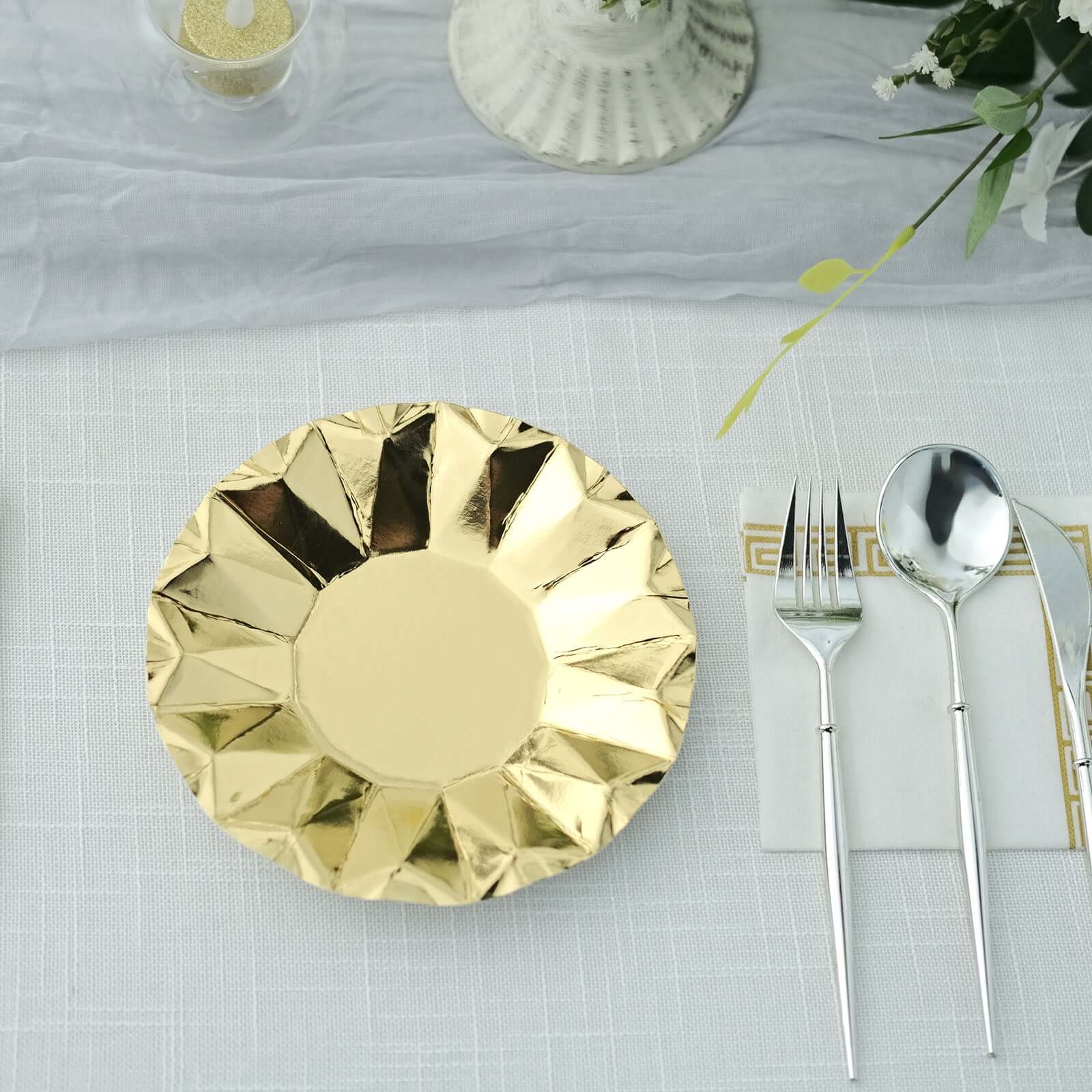 25-Pack Paper 7" Round Dessert Plates in Metallic Gold with Geometric Prism Rim - Disposable 400GSM Appetizer Salad Plates for Dinner Parties & Banquets