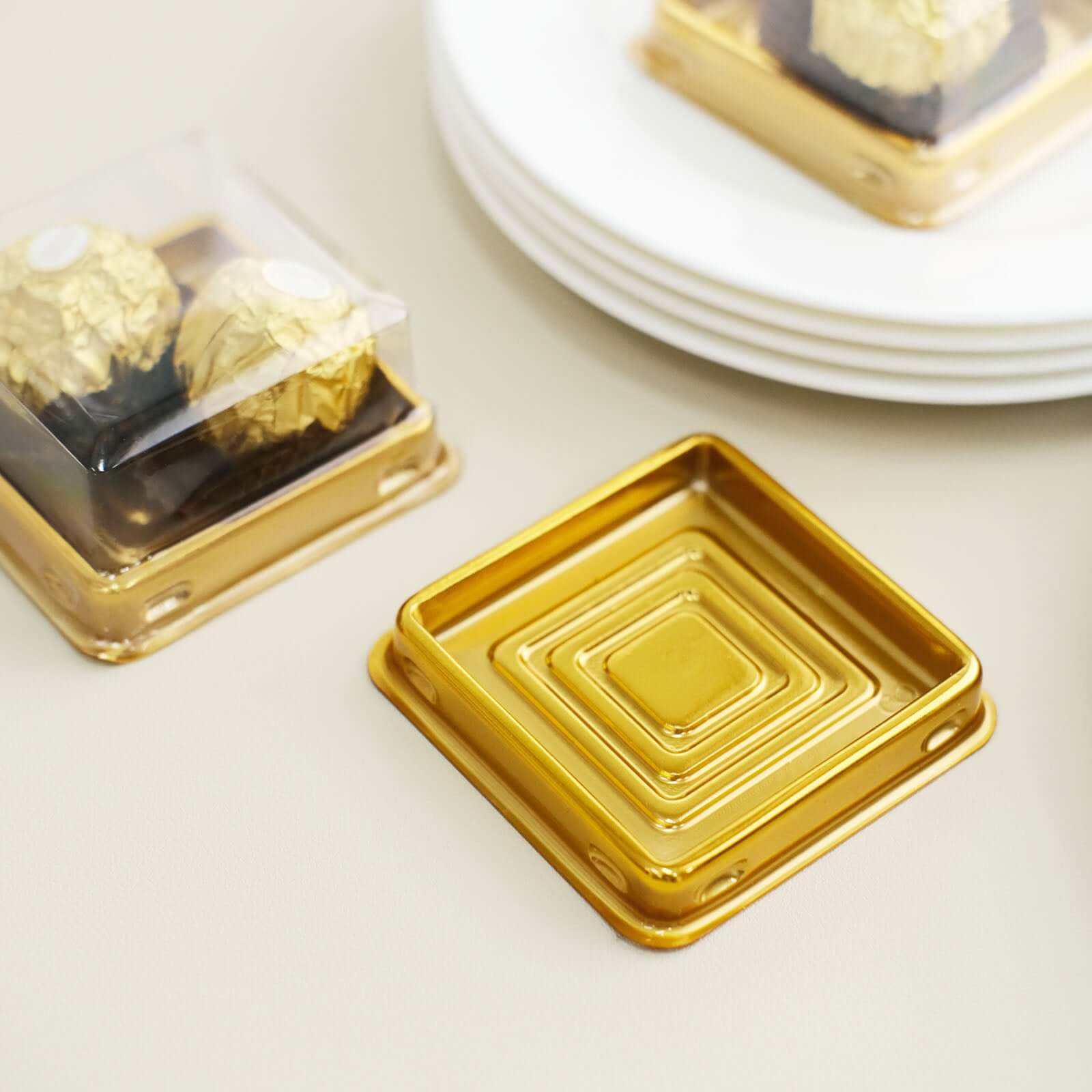 50-Pack Favor Containers Square Design Gold and Clear - Plastic Party Boxes for Cupcakes and Desserts 3"