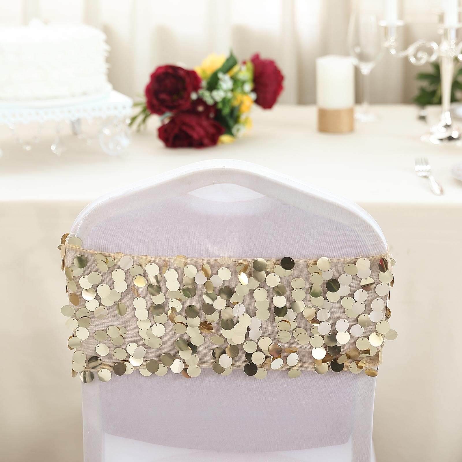 5 Pack Big Payette Sequin 13"x10" Chair Sash Bands Champagne - Stylish Glittering Decor for Weddings & Gatherings