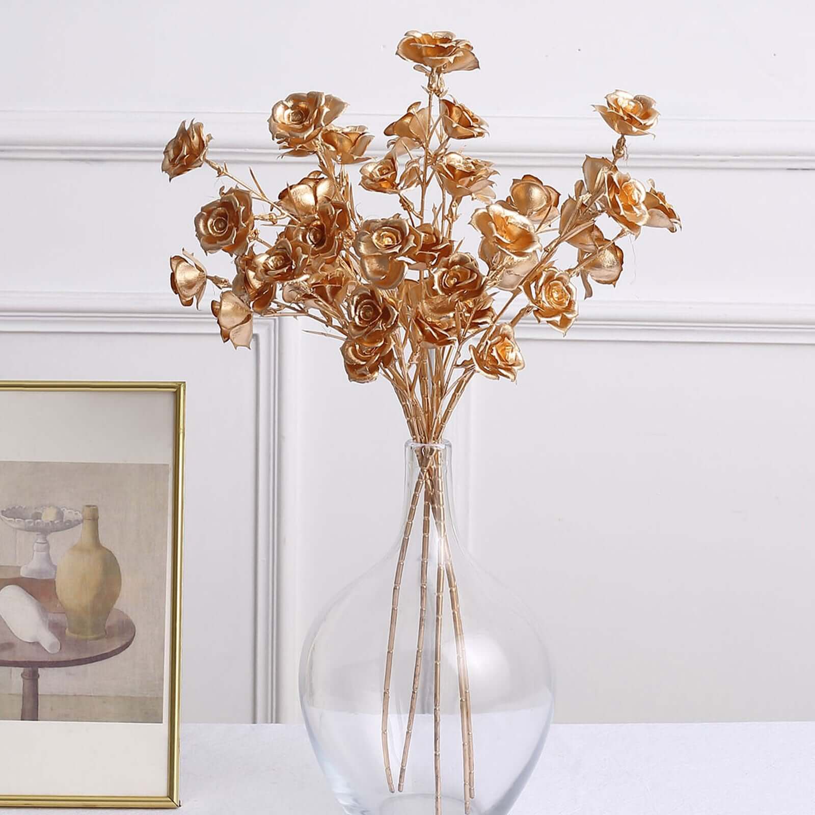3-Pack Artificial Rose Flower Sprays Metallic Gold - Realistic Faux Floral Branches for Stylish Bouquets & Centerpieces 22"