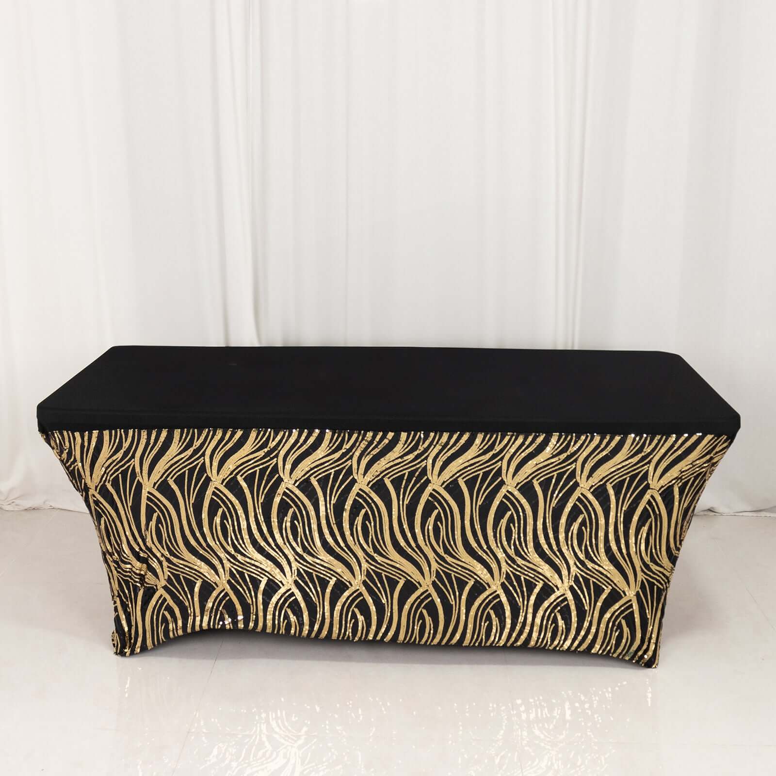 Sequin Stretch Spandex 72"x30" Rectangle Tablecloth Black/Gold Wave Embroidered Design Four-Way Stretch Shimmering Table Cover for Luxe Event Decor
