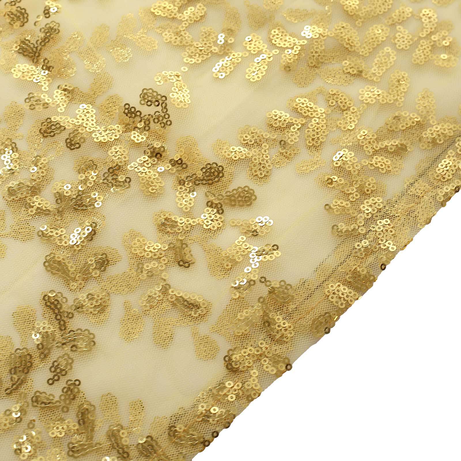 Set of 5 Gold Sequin Mesh Cylinder Pedestal Stand Covers with Leaf Vine Embroidery, Sparkly Sheer Tulle Pillar Prop Covers