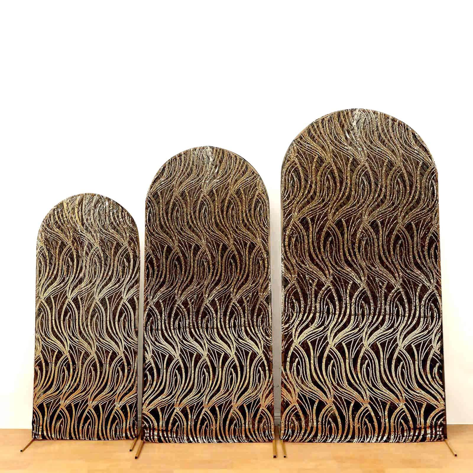 Set of 3 Black Wave Mesh Chiara Wedding Arch Covers With Gold Embroidered Sequins, Fitted Covers For Round Top Backdrop Stands - 5ft,6ft,7ft