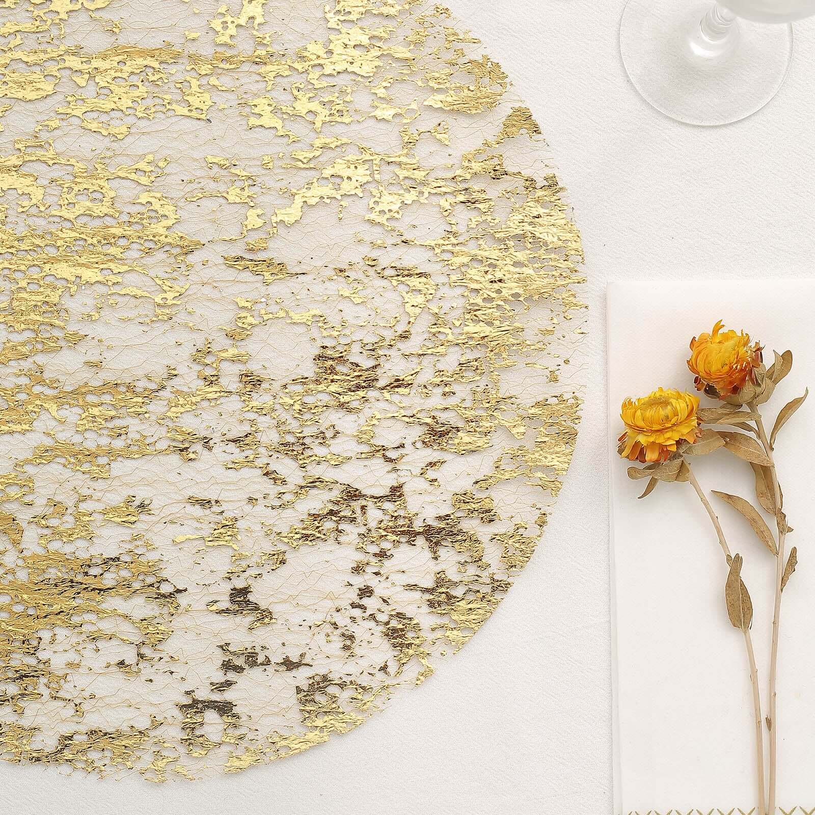 10-Pack Table Placemats Foil Design Metallic Gold Round - Mesh Disposable Shiny Dining Mats 13"