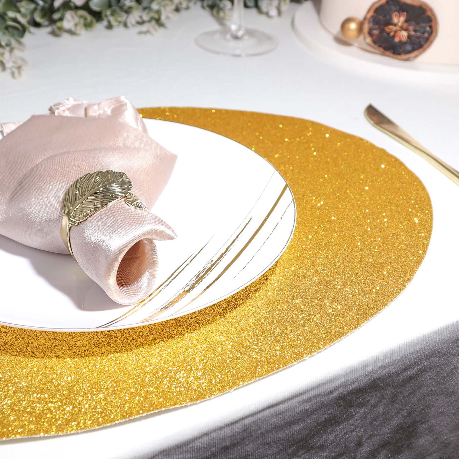 6-Pack Placemats Glitter Design Gold Sparkle Oval - Non-Slip Decorative Table Mats for Dining 12"x18"