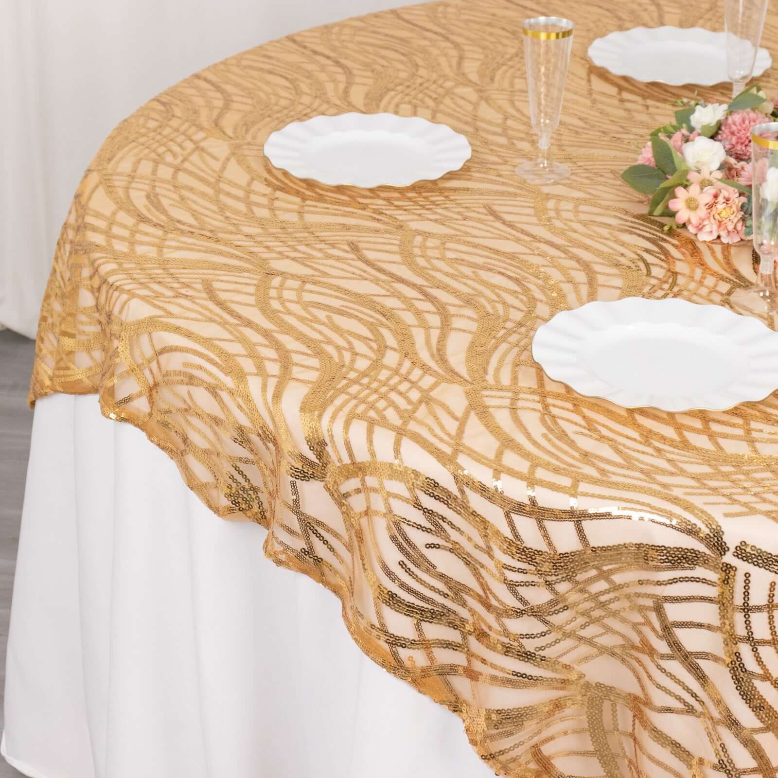 Mesh 72"x72" Table Overlay Square Tablecloth Gold Wave Design with Embroidered Sequins for Stylish Occasions