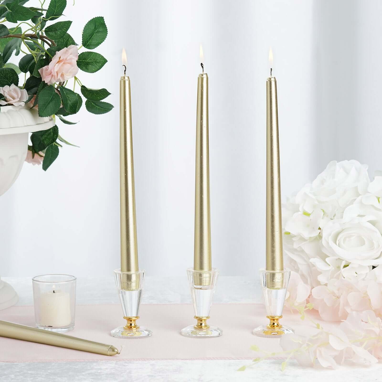 12-Pack Taper Candles Premium Wax Design Metallic Gold - Unscented Candles for Upscale Settings 10"