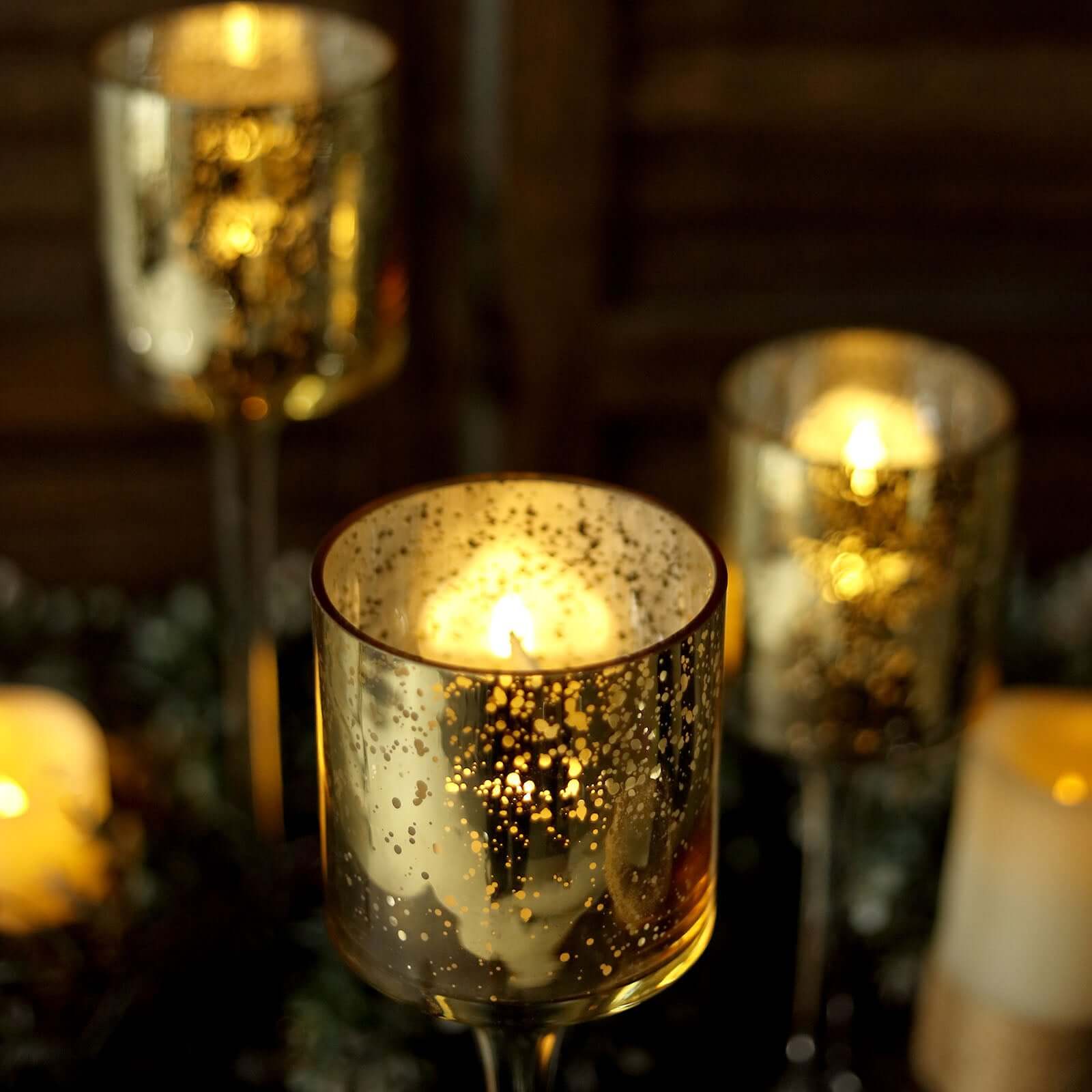 Set of 3 Glass Cylinder Vases Long Stem Gold - Decorative Candle Holder Floral Centerpieces 12", 14", 16"