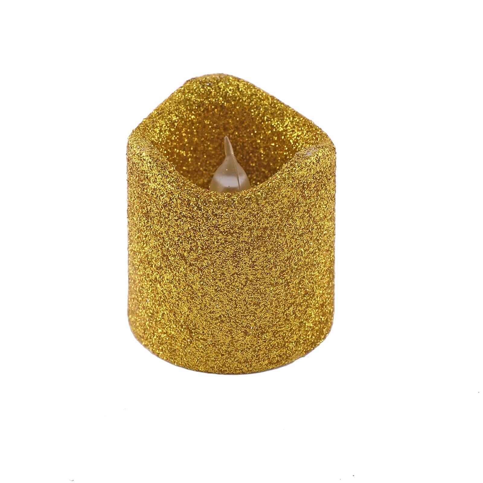 12-Pack LED Votive Candles Glittered Gold Design - Reusable Flameless Battery Operated Lights