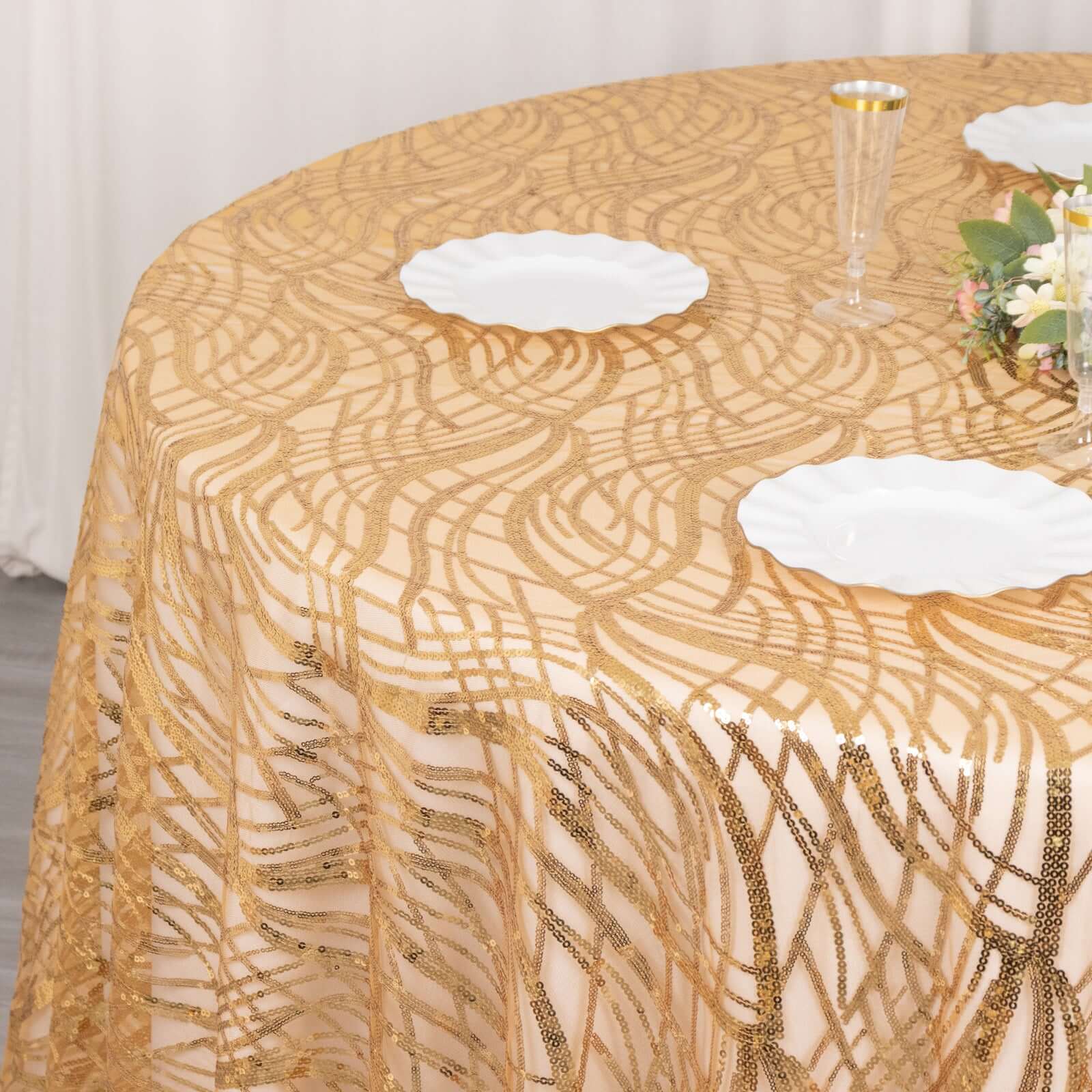 Sequin Mesh 120" Round Tablecloth Gold - Seamless Wave Embroidered Design for Stylish Events