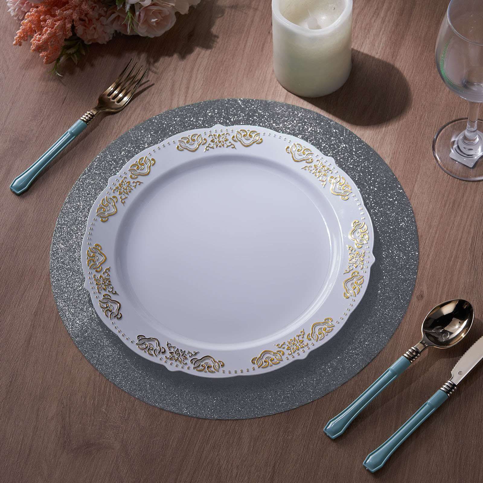 6-Pack Placemats Glitter Design Charcoal Gray Sparkle Round - Non-Slip Decorative Dining Table Mats 13"