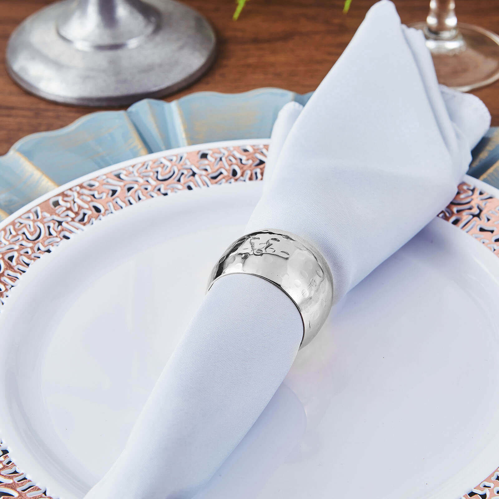 4 Pack Metallic Silver Hammered Pattern Metal Napkin Rings