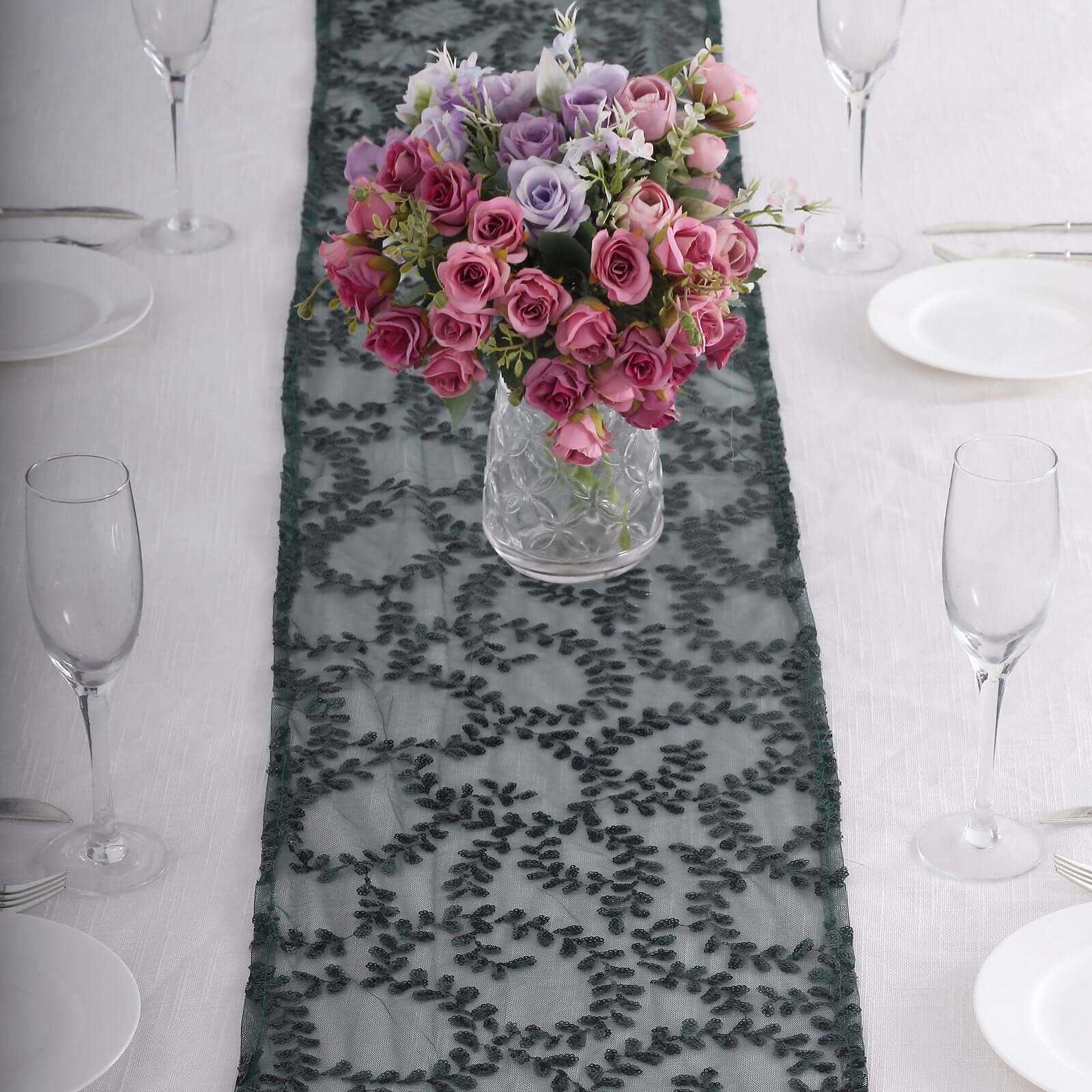 Mesh 12"x108" Table Runner Hunter Emerald Green - Leaf Vine Embroidery