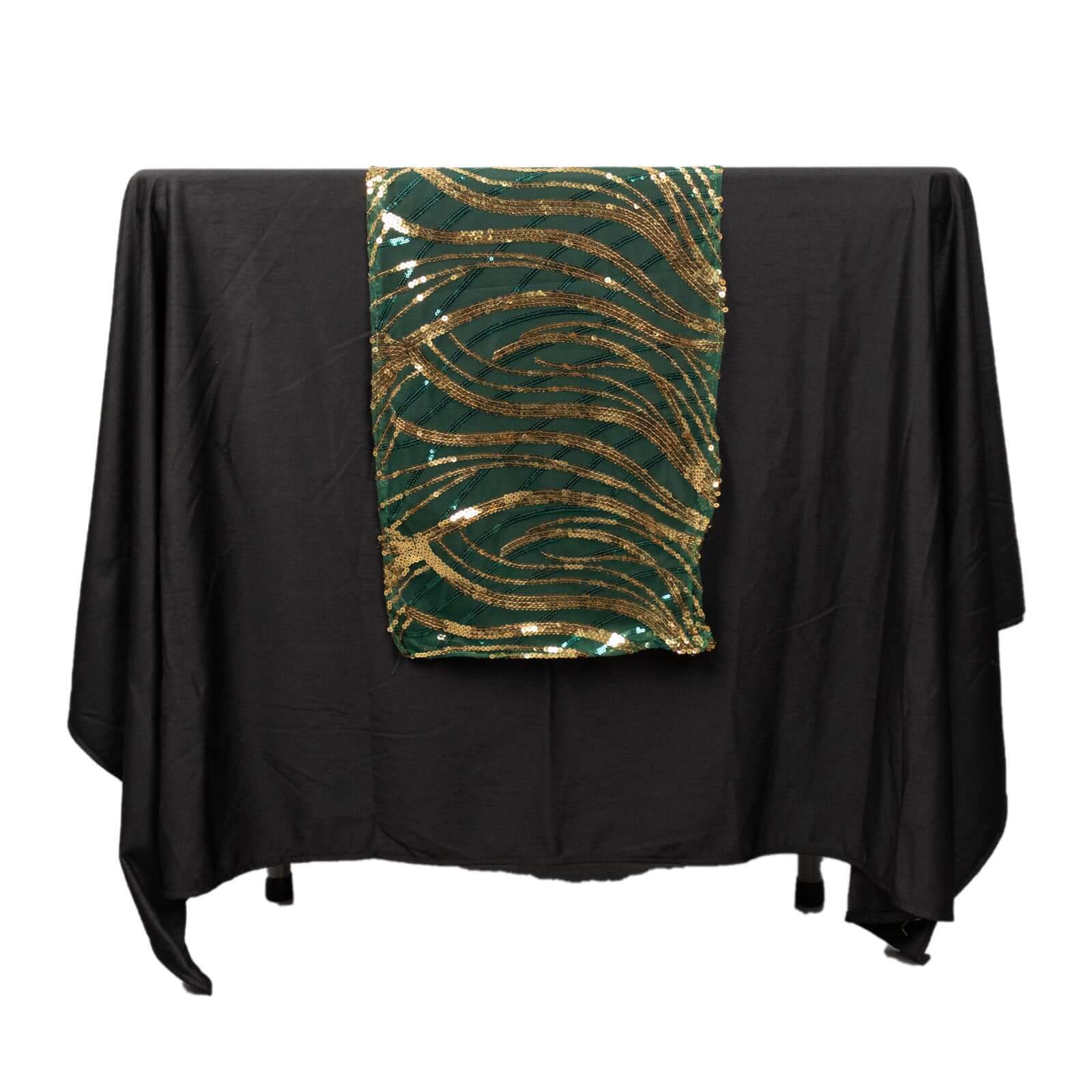 Sequin Mesh 12"x108" Table Runner Hunter Emerald Green Stylish Wave Embroidery