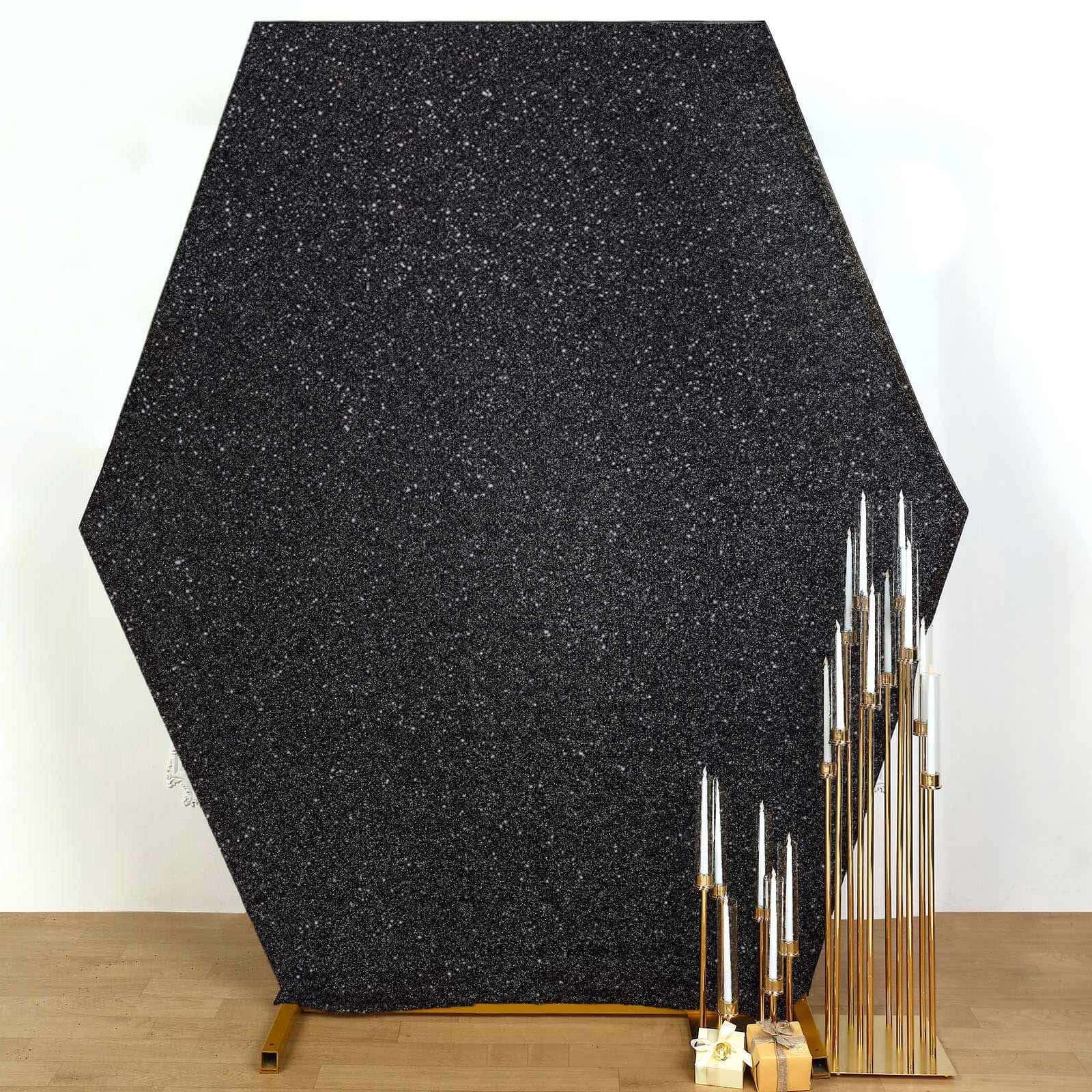 8ftx7ft Black Metallic Shimmer Tinsel Spandex Hexagon Wedding Arbor Cover, 2-Sided Backdrop