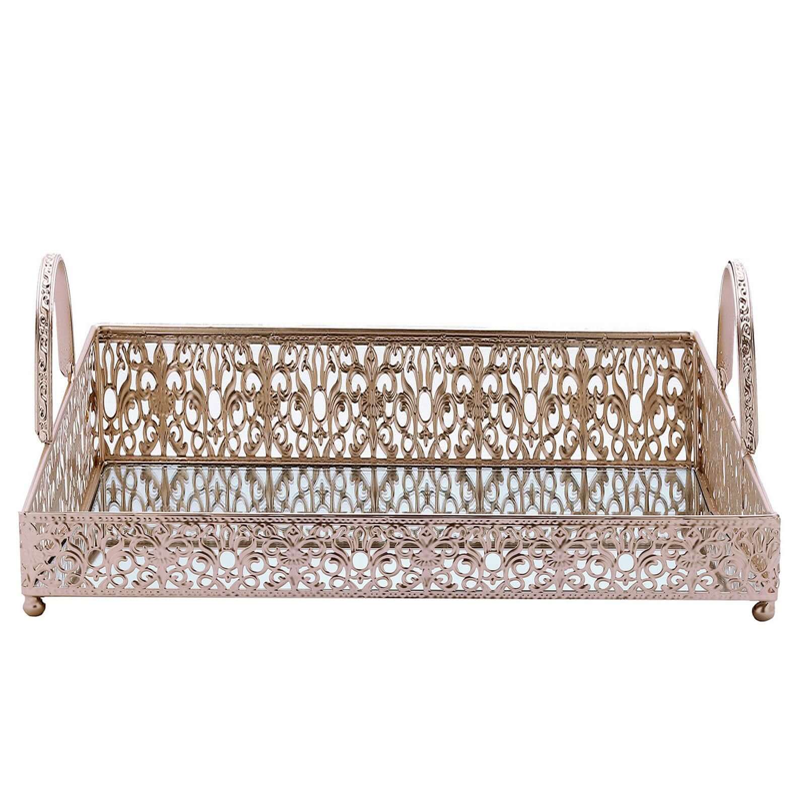 Metal Mirrored Rectangle Serving Tray 16"x12" in Rose Gold Fleur De Lis Design with Handles, French Inspired Decorative Vanity Tray Centerpiece