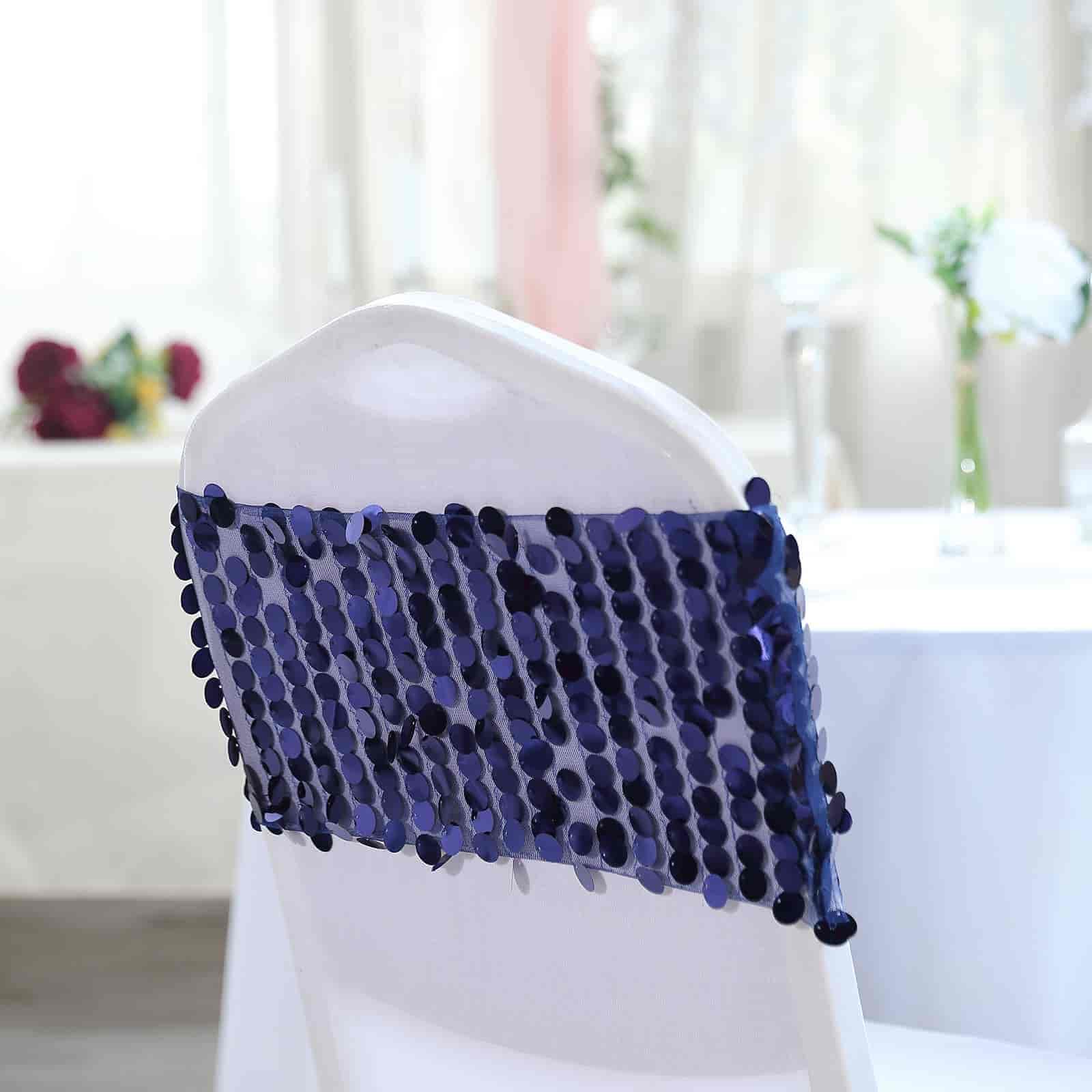5 Pack Big Payette Sequin 13"x10" Chair Sash Bands Navy Blue - Stylish Glittering Decor for Weddings & Gatherings