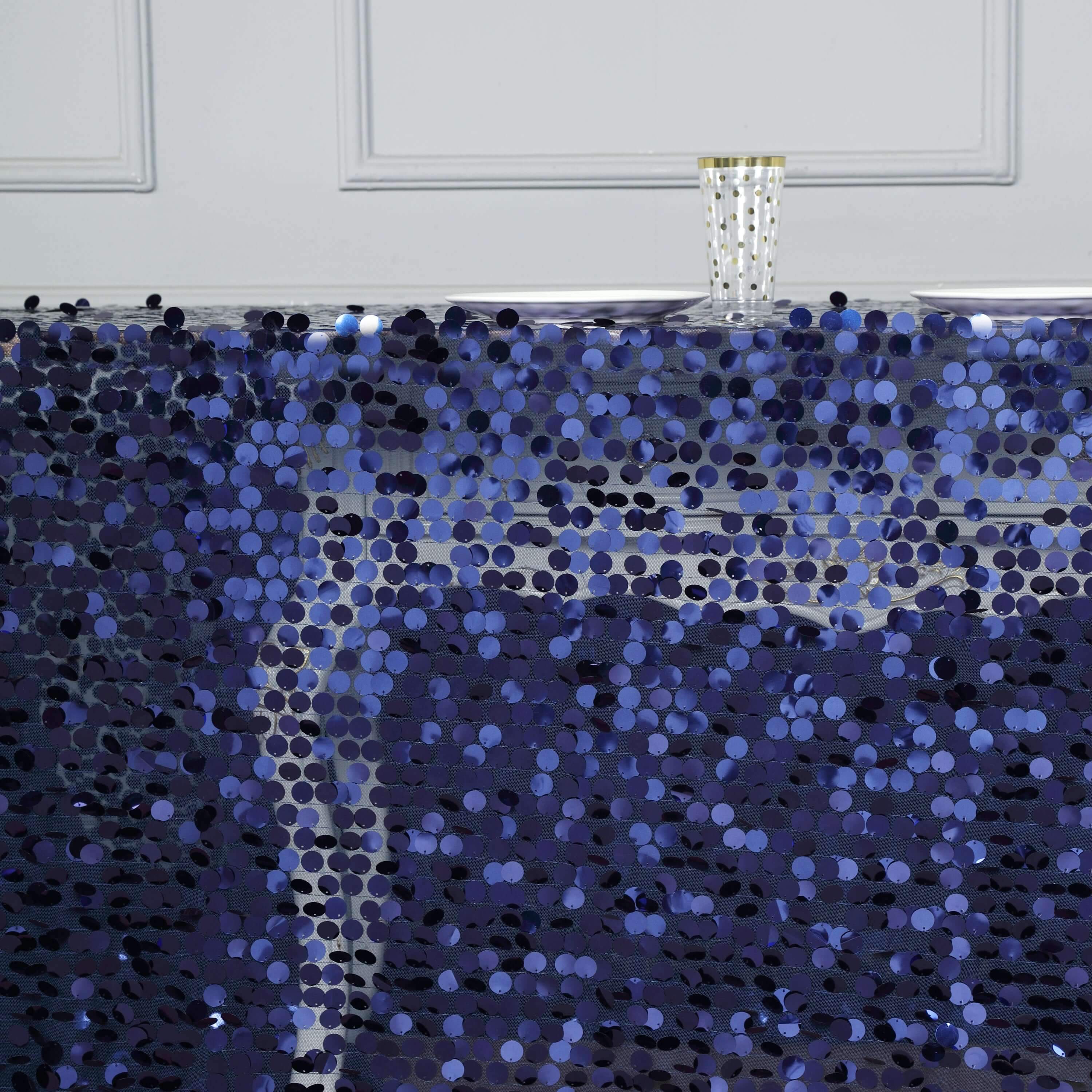 Sequin 90"x132" Rectangle Tablecloth Navy Blue - Seamless Big Payette Table Cover