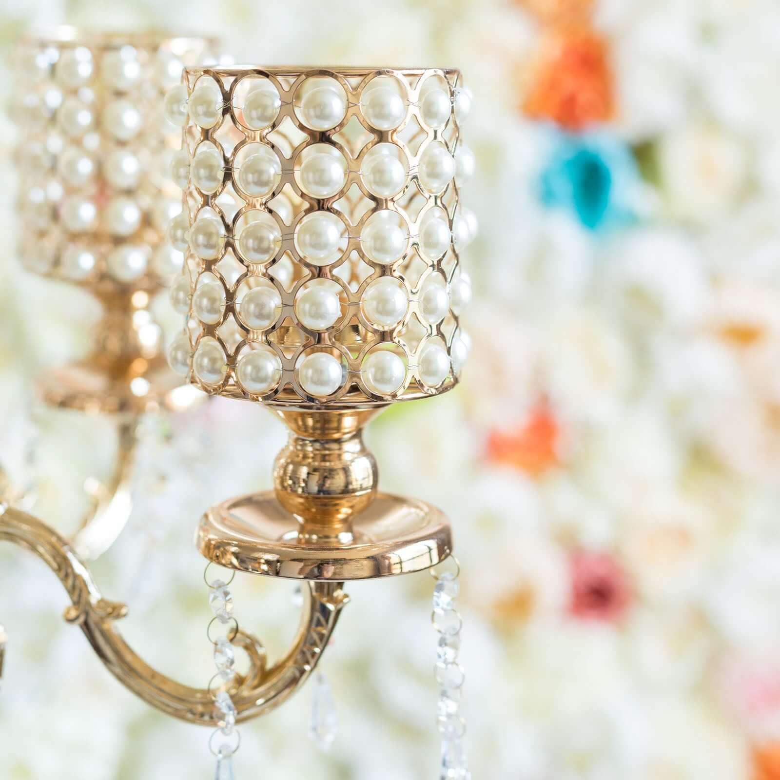 Metal Pearl Beaded Candelabra in Gold 6-Arm - Stylish Table Centerpiece with Crystal Chandelier Pendants