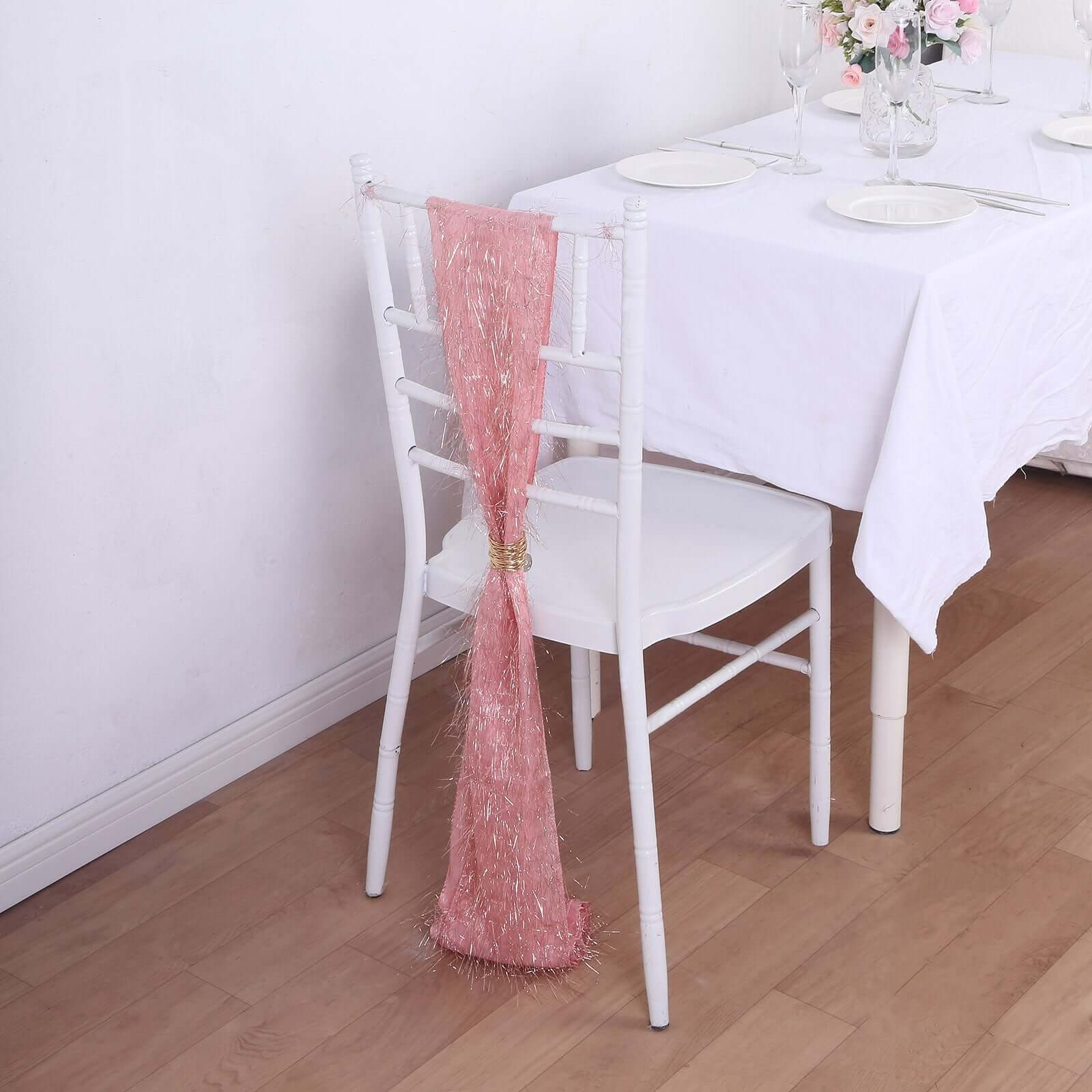 5 Pack Polyester Chair Sashes Rose Gold Metallic Tinsel Fringe - Easy to Use Chair Bows 6"x108"