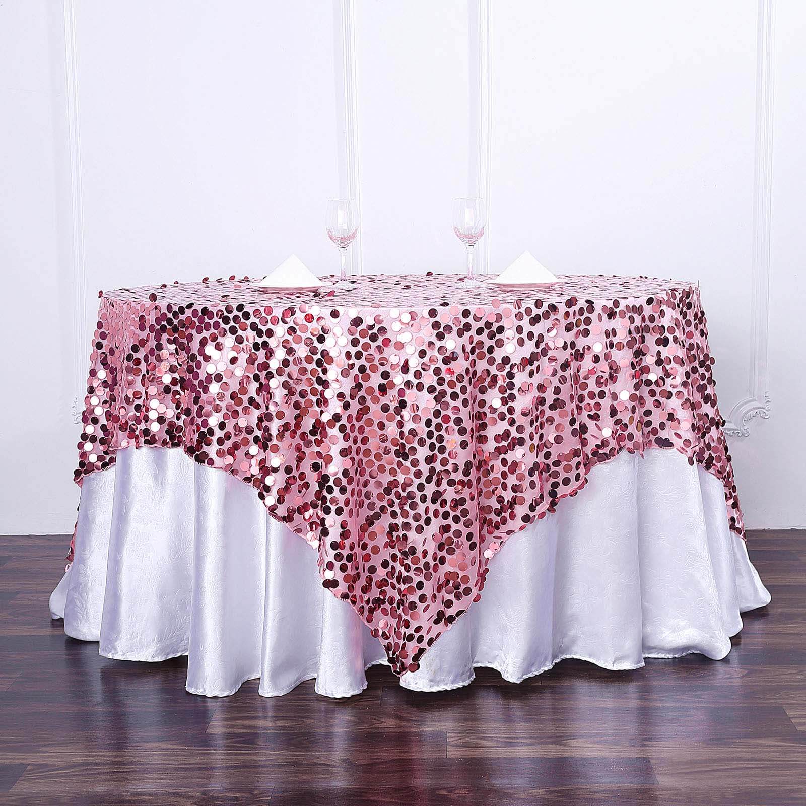 72"x72" Pink Big Payette Sequin Square Table Overlay