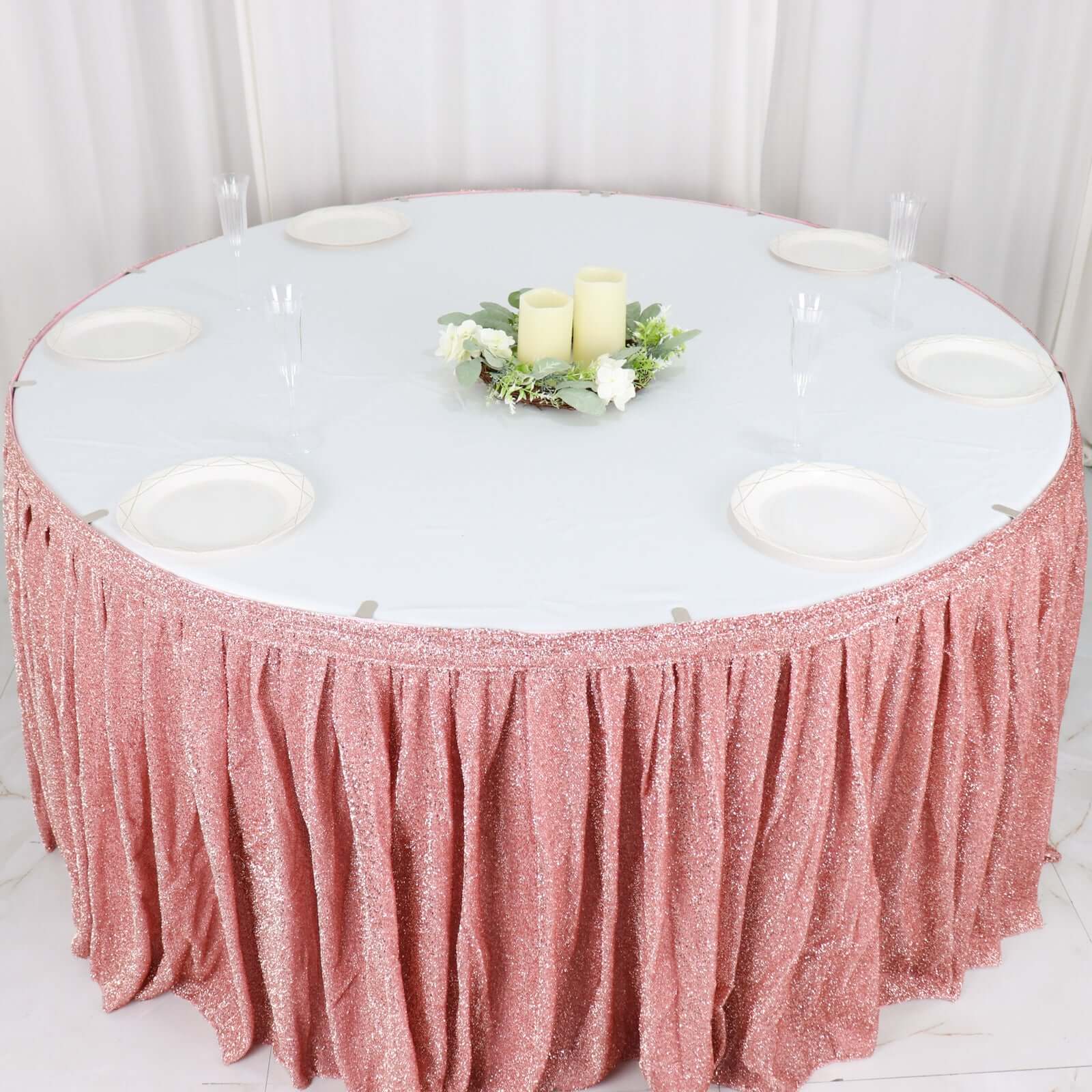 Spandex 17ft Table Skirt Rose Gold Pleated Metallic Shimmer Tinsel with Top Velcro Strip Table Cover