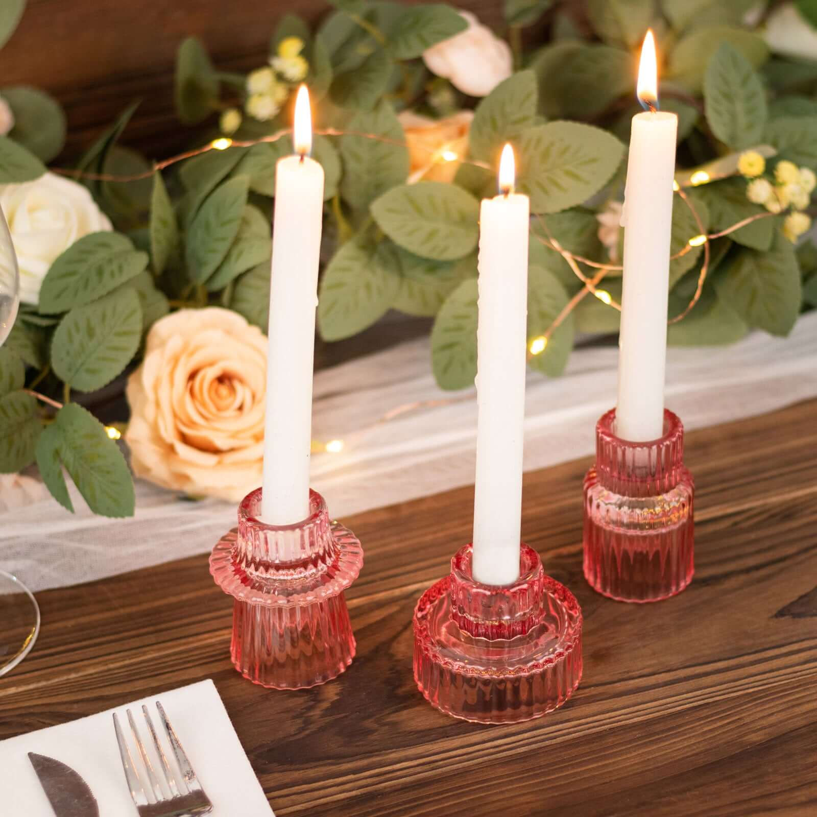 Set of 6 Glass Taper Candle Holders Ribbed Crystal Design Pink - Reversible Mini Votive Tealight Stands 3"