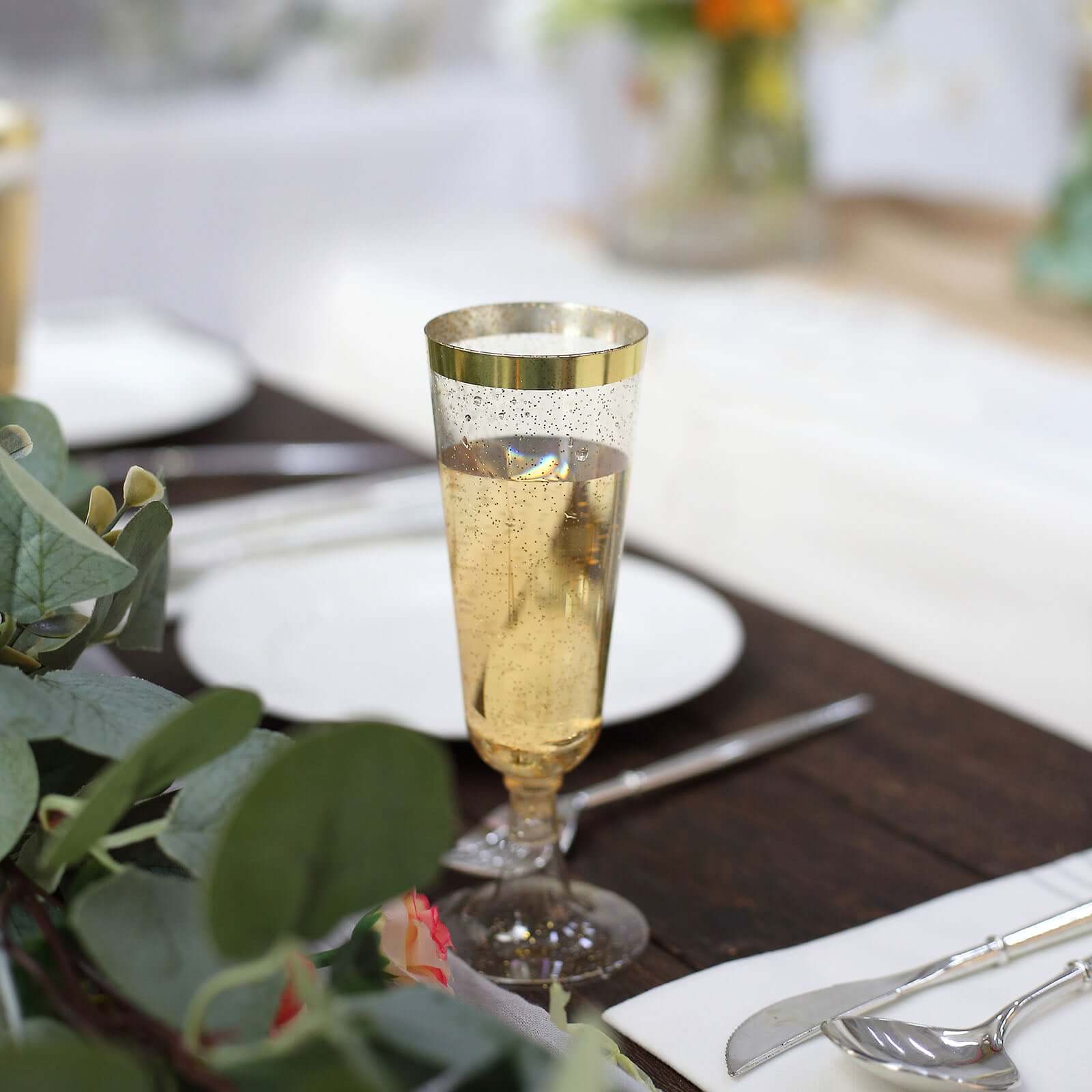 12-Pack Plastic Champagne Flutes Clear Gold Glittered with Gold Rim - Stylish Disposable Cocktail Glasses for Parties 5oz 6"