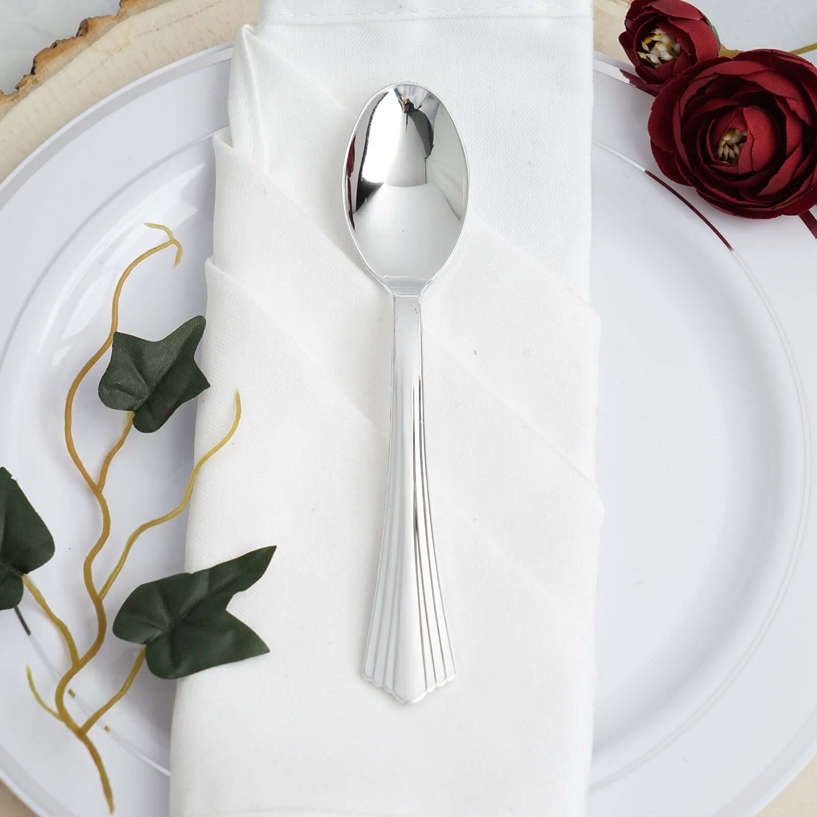 25-Pack Plastic Spoons Light Silver Heavy Duty with Fluted Handles - Reliable Disposable Cutlery 7"