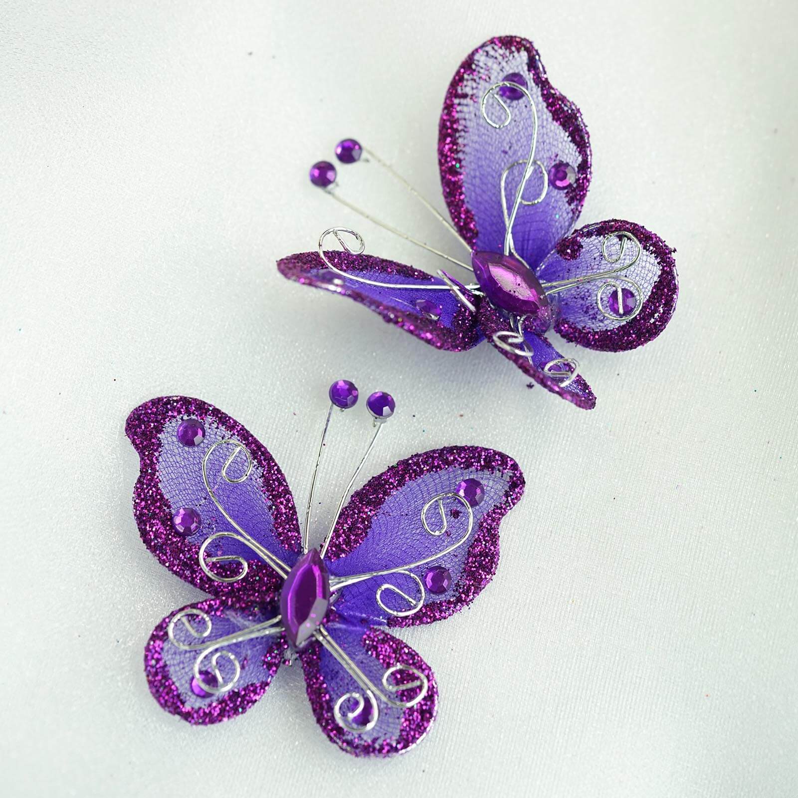 12 Pack 2" Purple Diamond Studded Wired Organza Butterflies