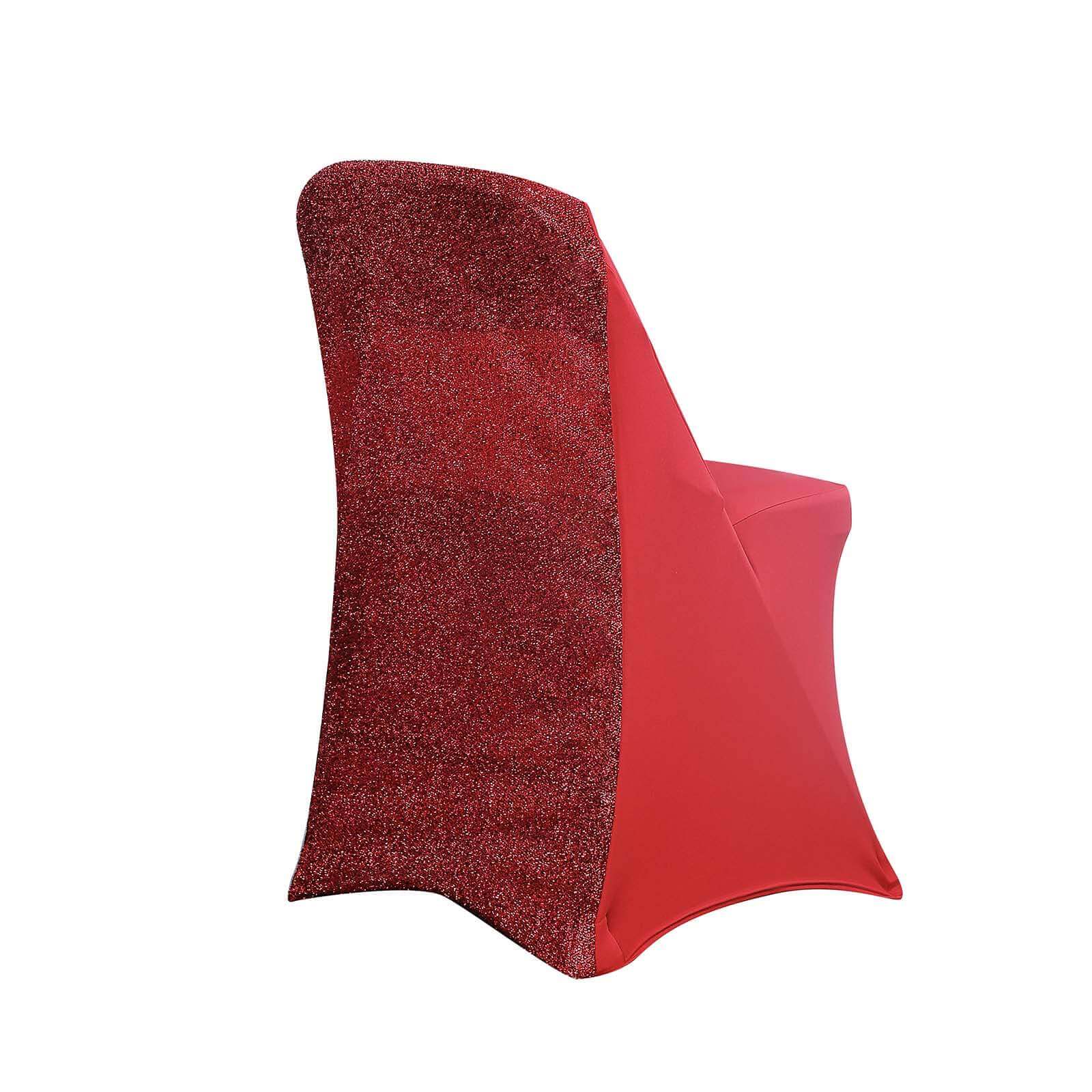 Stretch Spandex Chair Cover Red for Folding Chairs - Metallic Shimmer Tinsel Back Design Fitted Slipcover