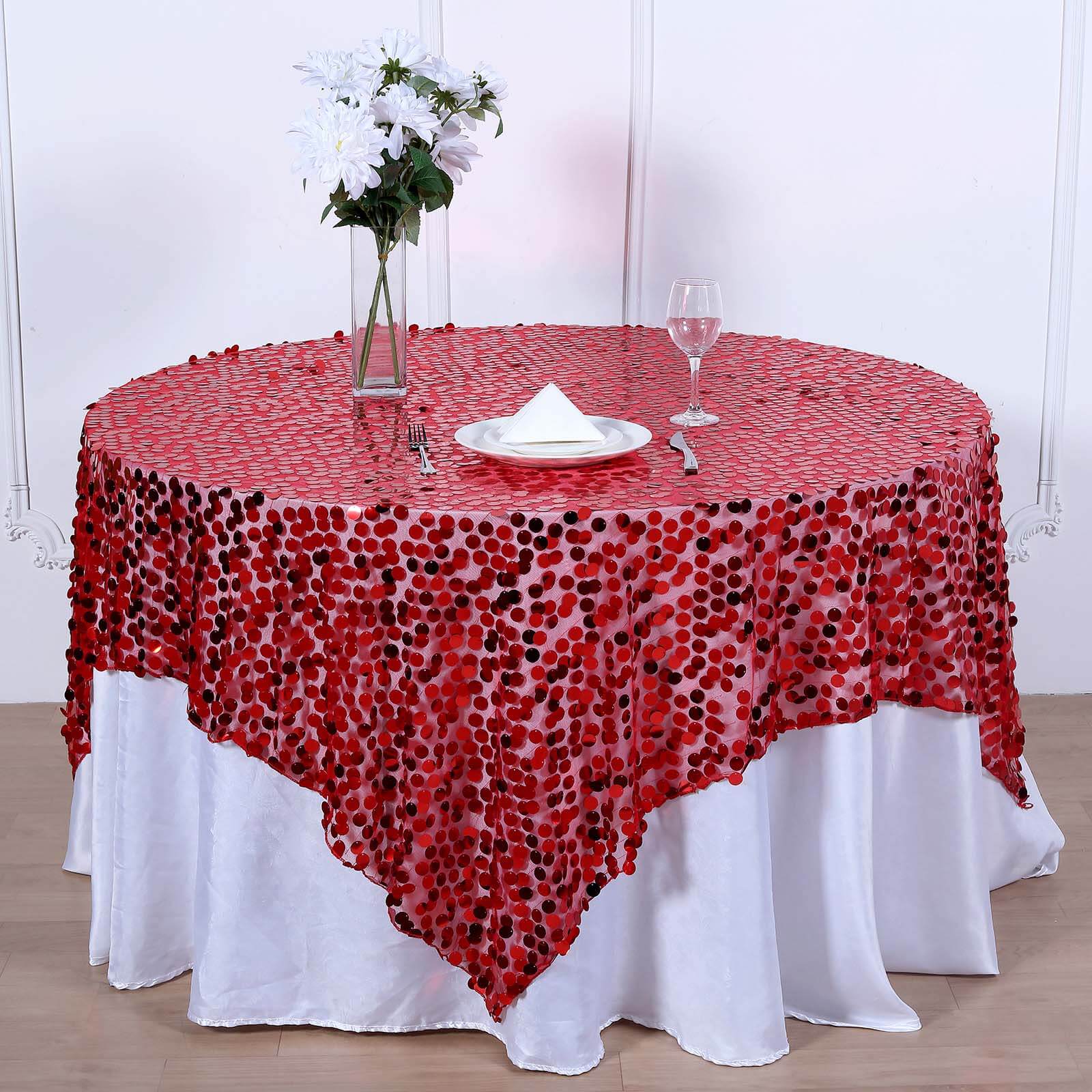 Sequin 72"x72" Table Overlay Square Tablecloth Red - Big Payette Table Cover