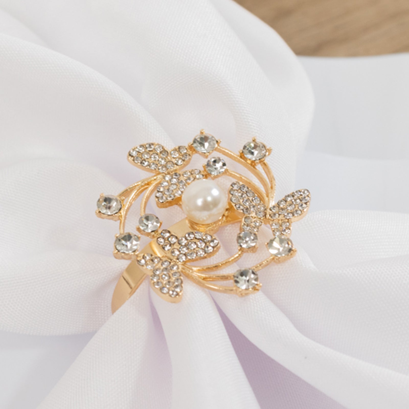 4 Pack Gold Metal Butterfly Napkin Rings with Pearl and Rhinestone Accents, Elegant Table Decoration for Weddings, Events, and Parties