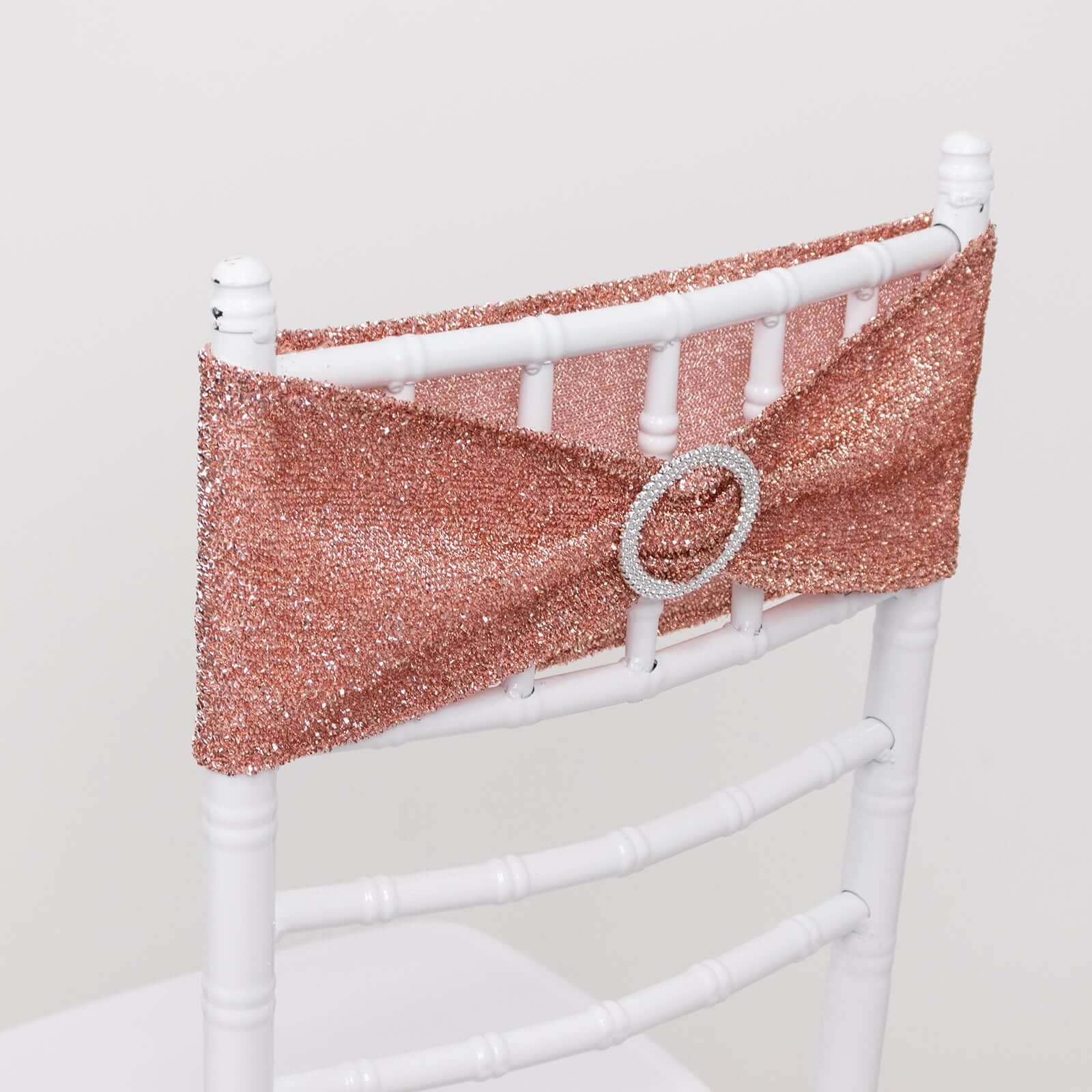5 Pack Chair Sashes Shimmer Tinsel Spandex 5"x12" with Silver Rhinestone Buckles Rose Gold