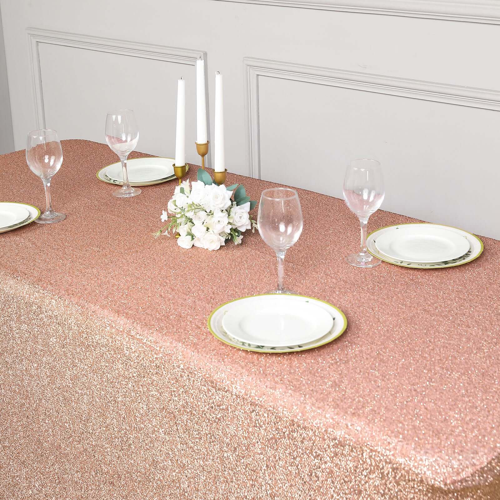 Shimmer Tinsel Spandex 72"x30" Rectangle Tablecloth Metallic Rose Gold Glittered Shiny Stretch Table Cover for Gleaming Event Decor
