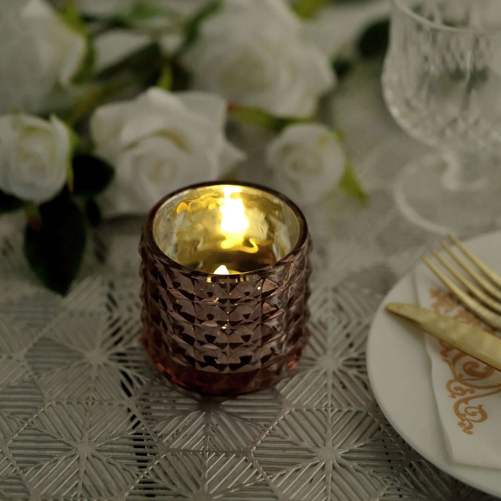6-Pack Mercury Glass Votive Holders Studded Faceted Design Rose Gold - Tealight Candle Holders 3"