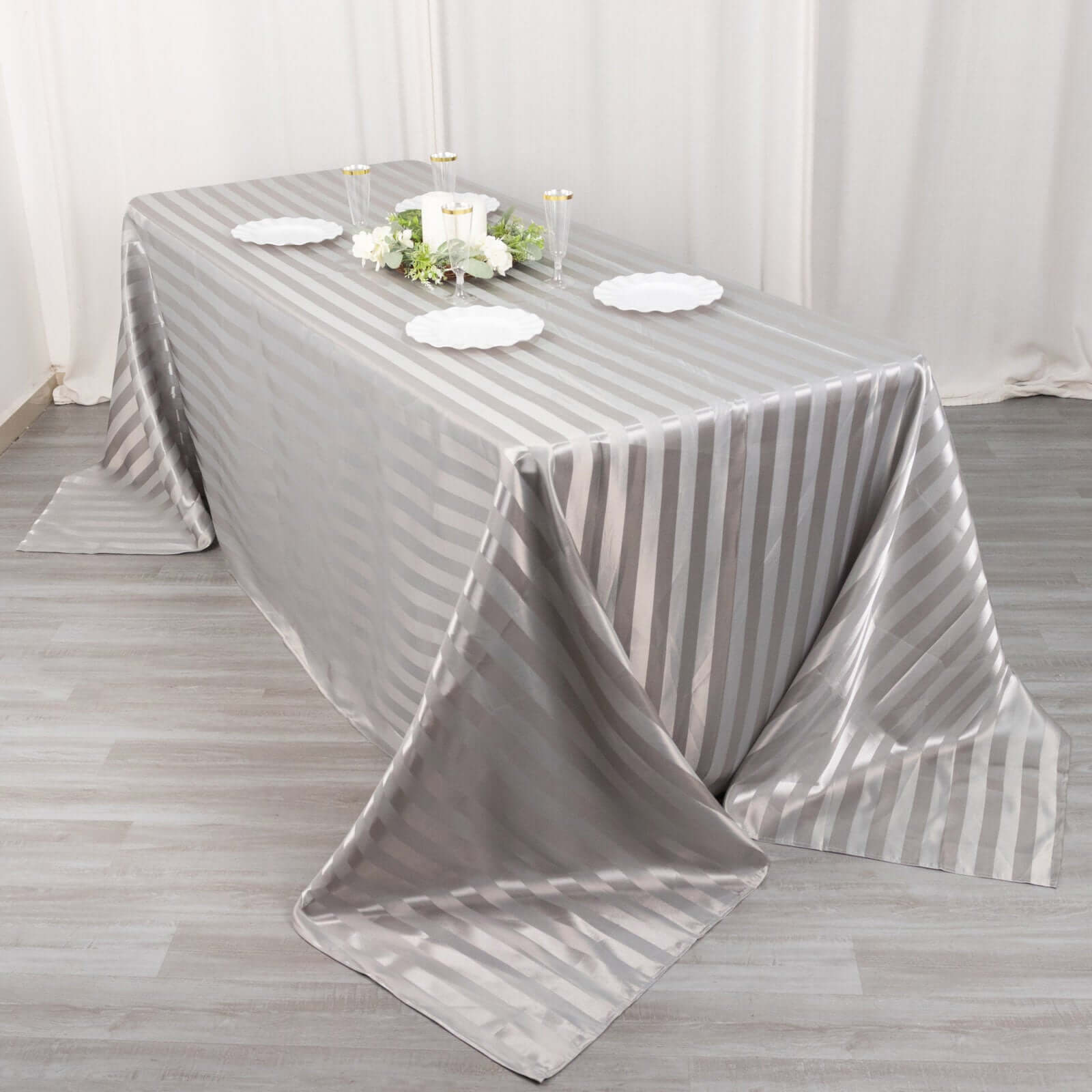 Satin Striped 90"x132" Rectangular Tablecloth Silver Satin Stripe - Seamless Silky Smooth Table Cover