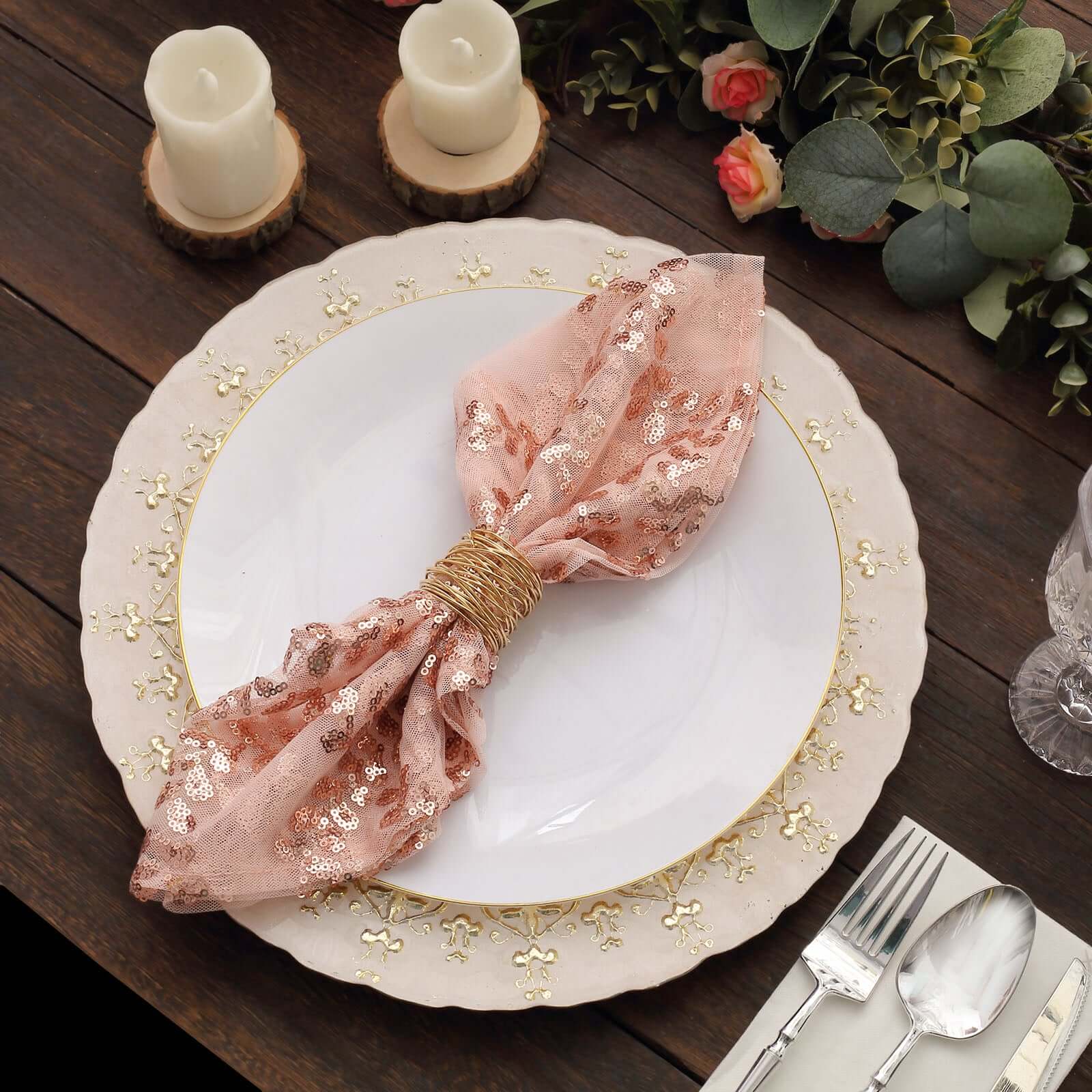 Sequin Tulle 20"x20" Napkin Rose Gold - Embroidered Leaf Vine Dinner Napkins
