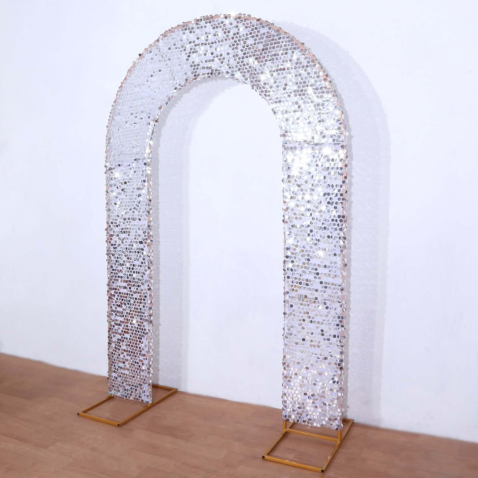 8ft Silver Double Sided Big Payette Sequin Open Arch Wedding Arch Cover, U-Shaped Fitted Wedding Backdrop Slipcover