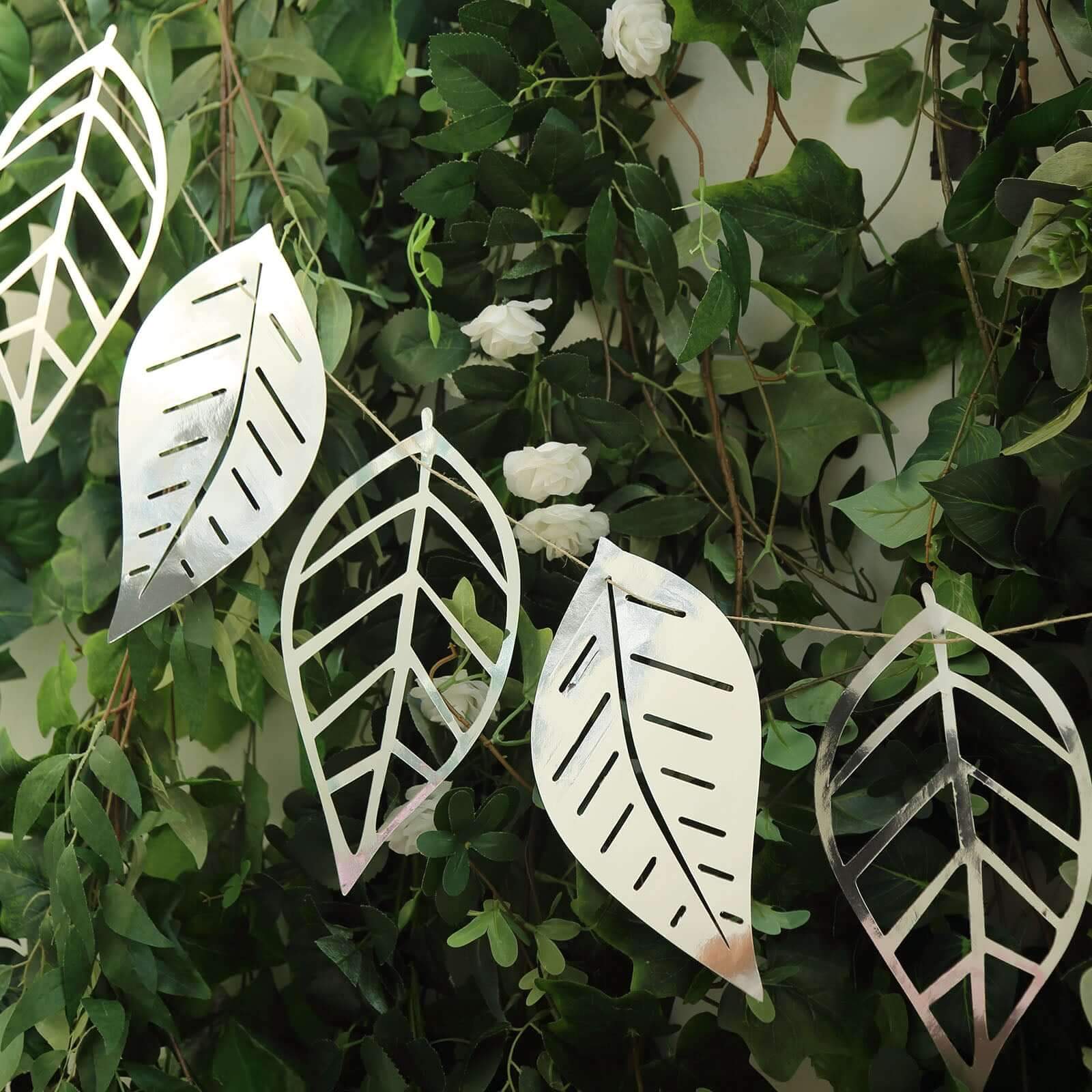 7ft Silver Foiled Paper Assorted Leaves Hanging Garland Banner